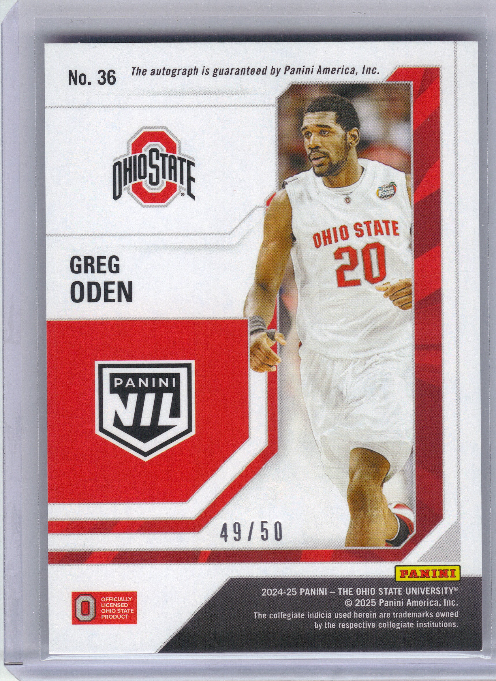 2025 Panini Ohio State University #36 Greg Oden Autographs Purple #/50 Ohio State Buckeyes SN,AU