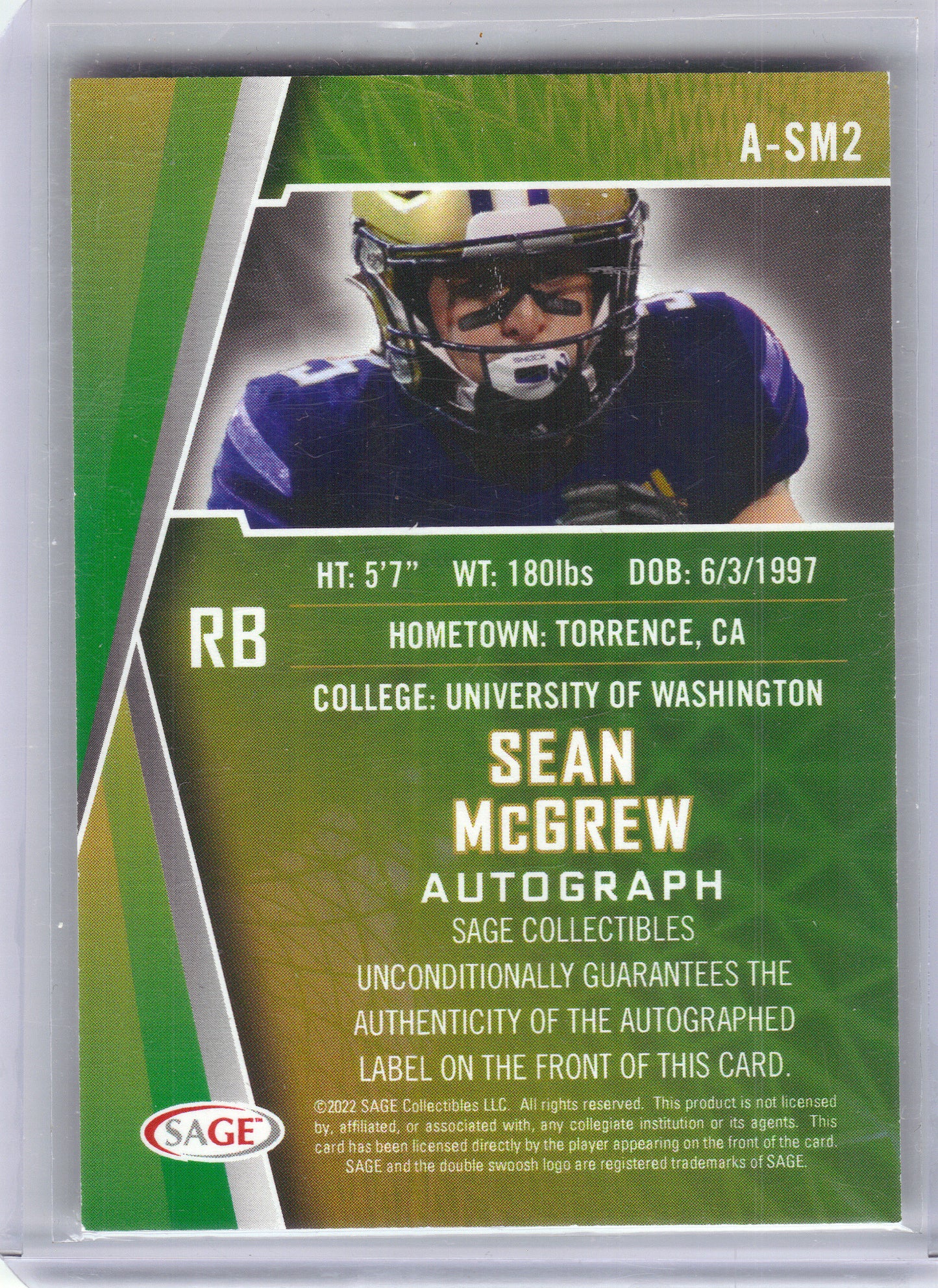 2022 SAGE #A-SM2 Sean McGrew Autographs Gold #/100 Washington Huskies SN,AU