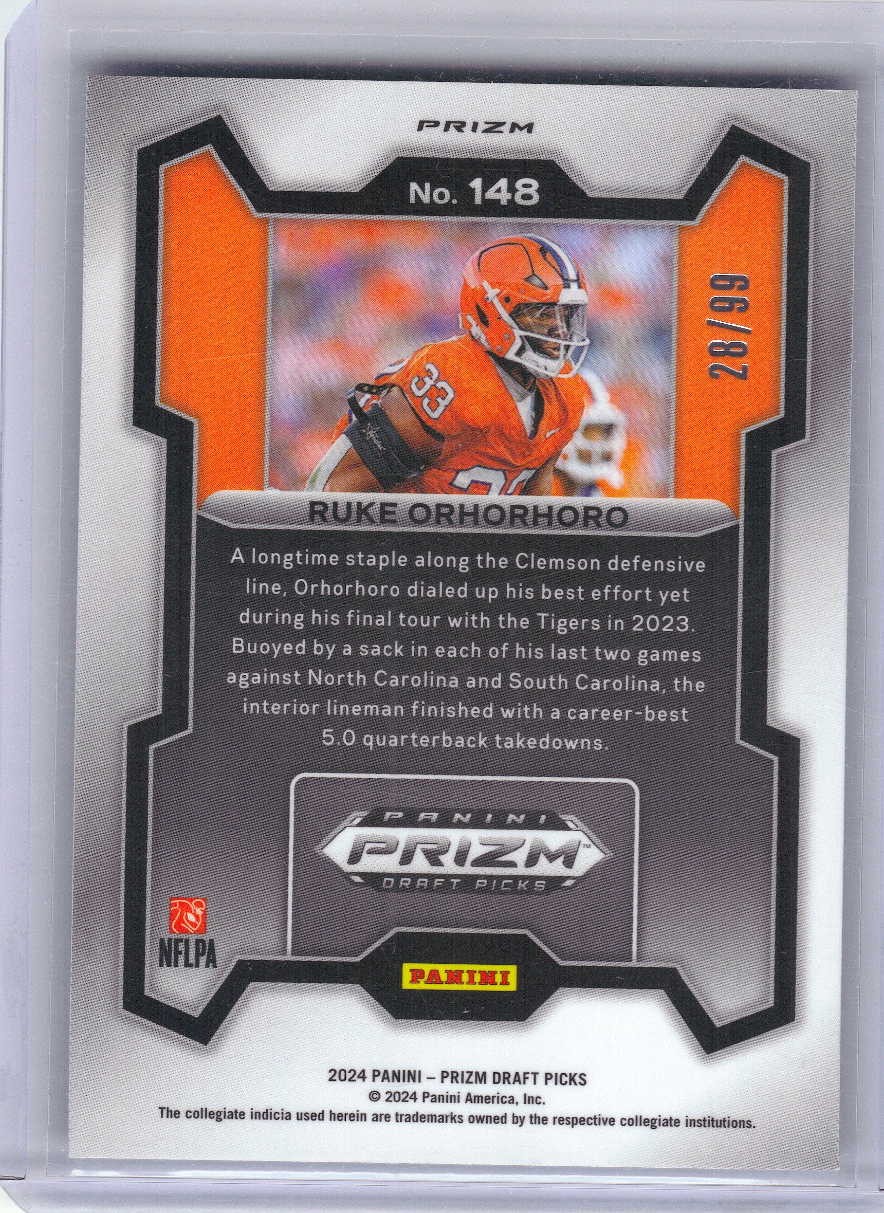 2024 Panini Prizm Draft Picks #148 Ruke Orhorhoro Blue Ice #/99 Clemson Tigers SN