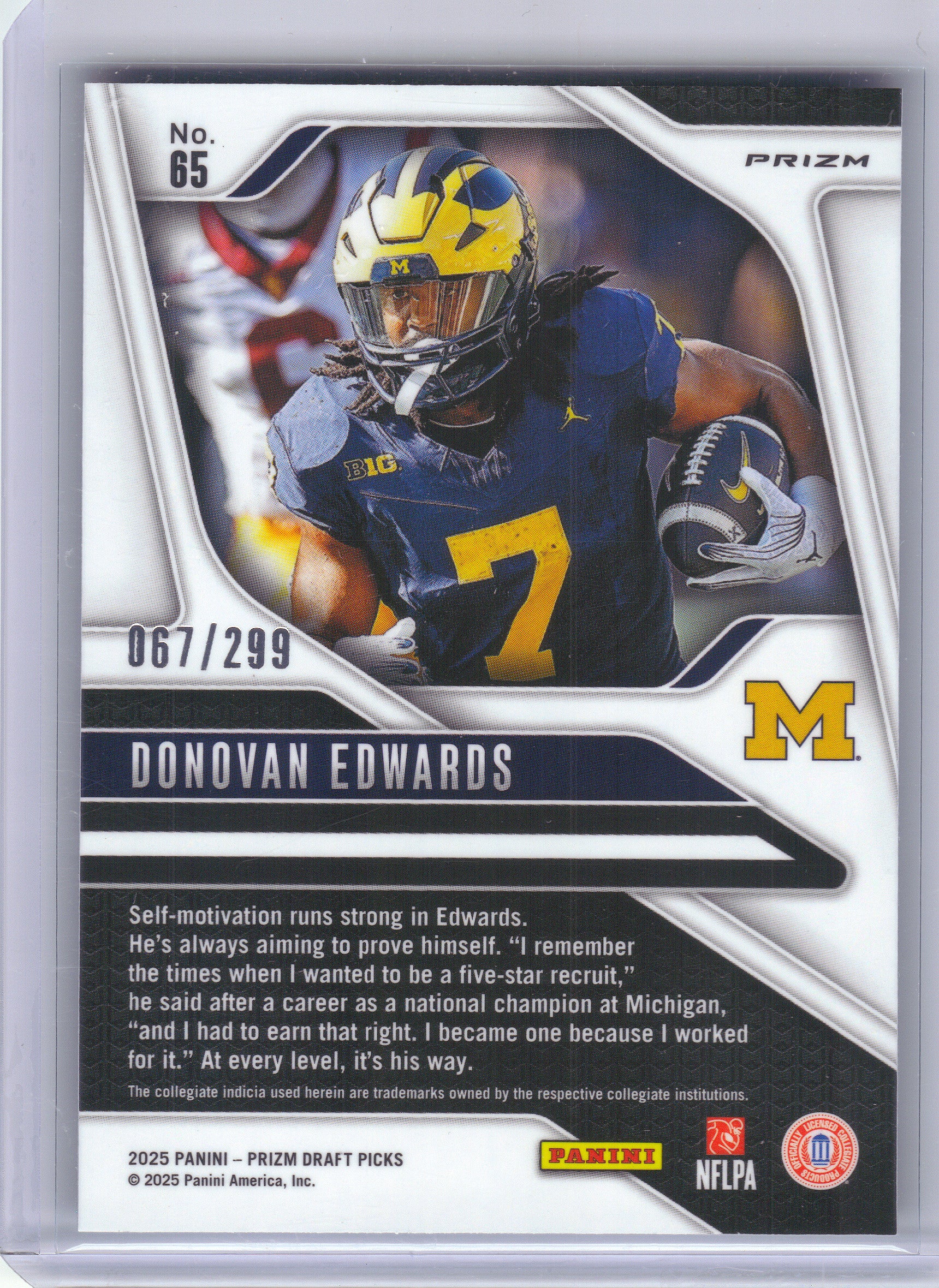 2025 Panini Prizm Draft Picks #65 Donovan Edwards Prizms Blue Wave #/299 Michigan Wolverines SN