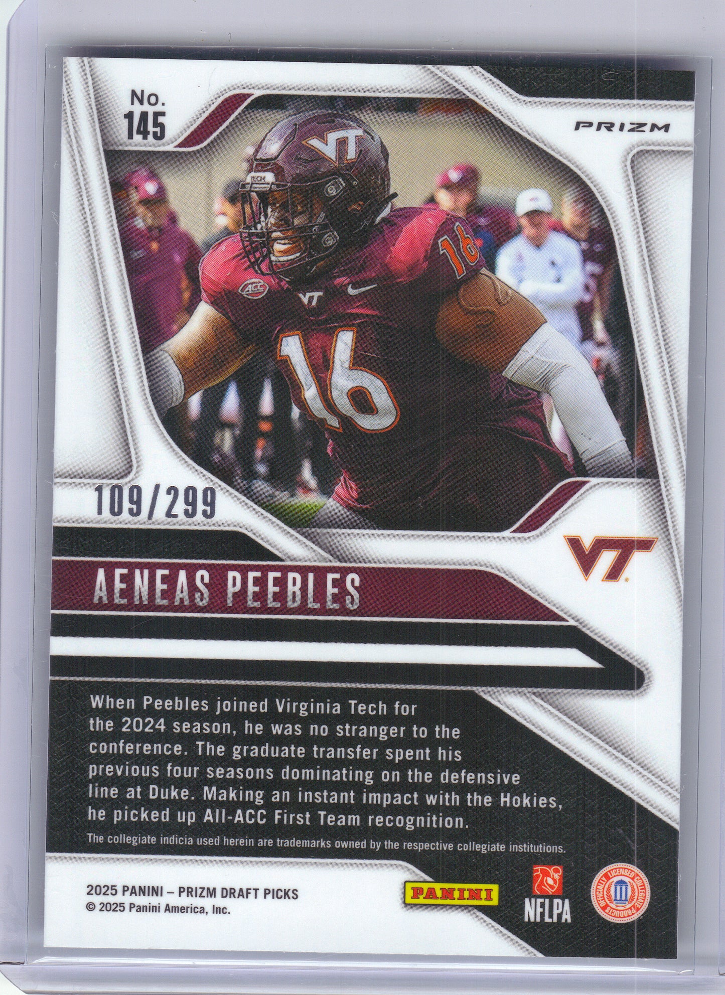 2025 Panini Prizm Draft Picks #145 Aeneas Peebles Prizms Blue Wave #/299 Virginia Tech Hokies SN