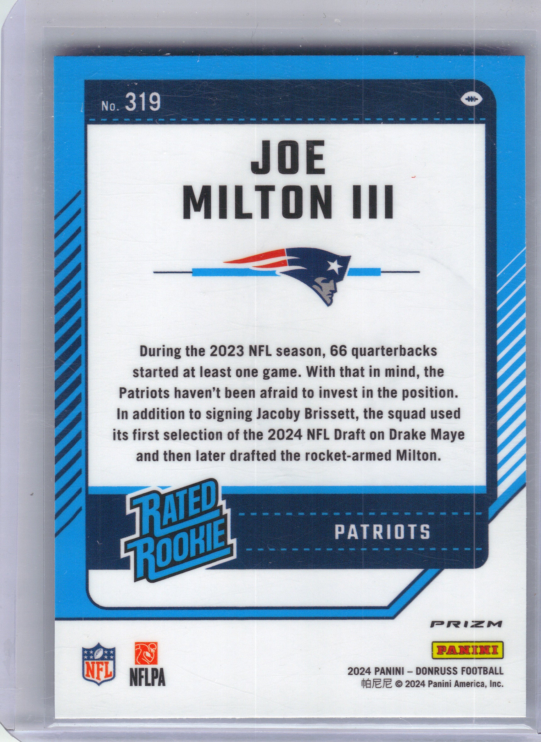 2024 Donruss #319 Joe Milton III Optic Rated Rookies Preview Blue Scope New England Patriots RC