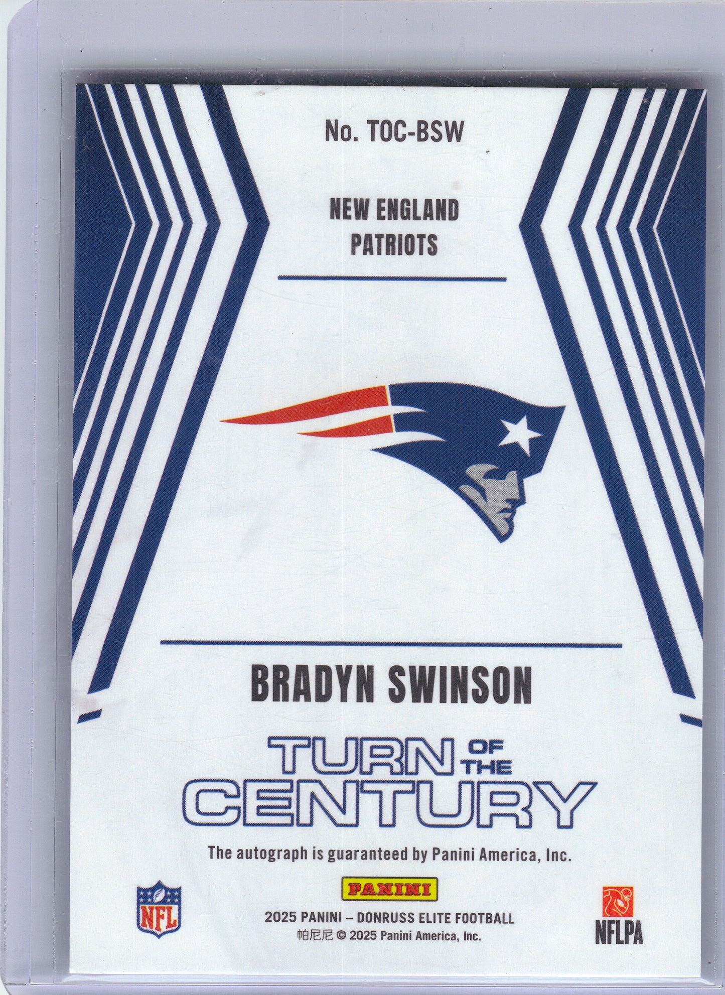 2025 Donruss Elite #TOC-BSW Bradyn Swinson Turn of the Century Autographs #/499 New England Patriots SN, AU