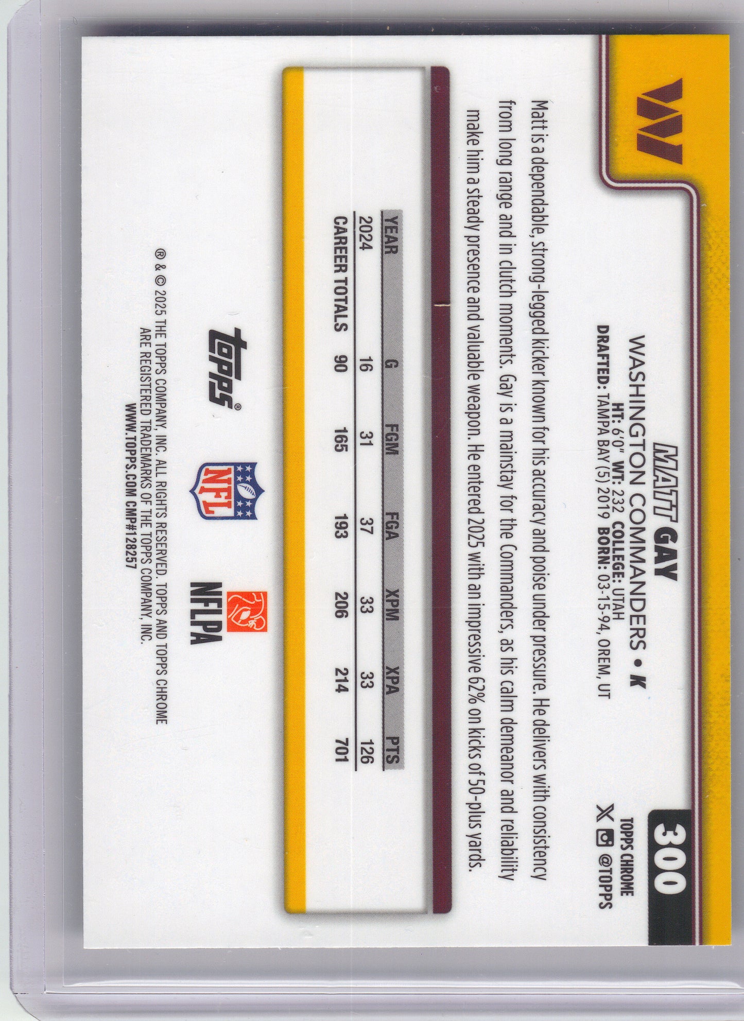 2025 Topps Chrome #300 Matt Gay Neon Pulse Refractor Washington Commanders