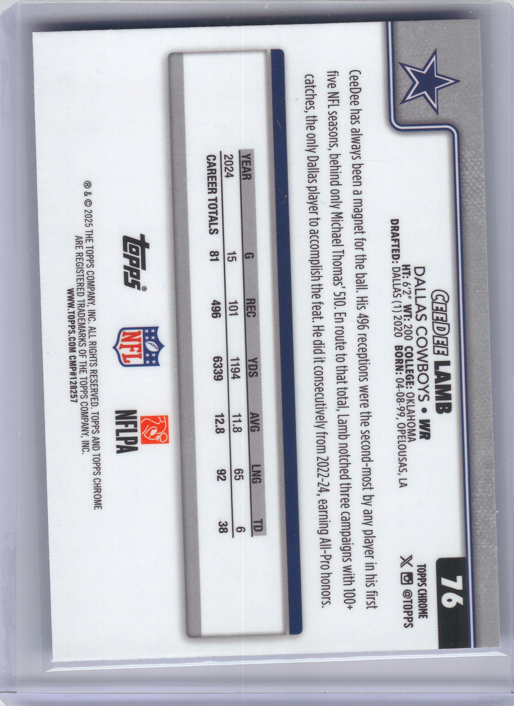 2025 Topps Chrome Sapphire Edition #76 CeeDee Lamb Dallas Cowboys