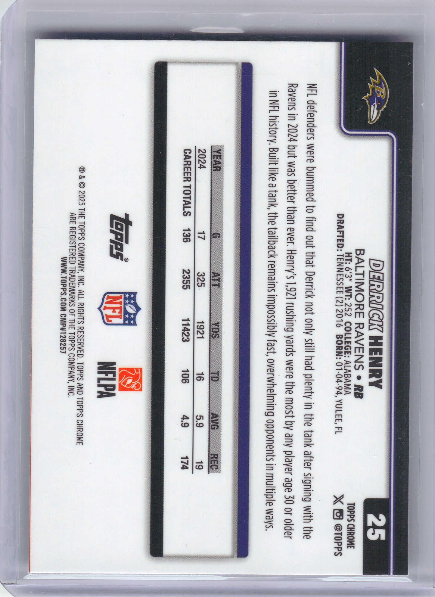 2025 Topps Chrome #25 Derrick Henry Pulsar Refractor Baltimore Ravens
