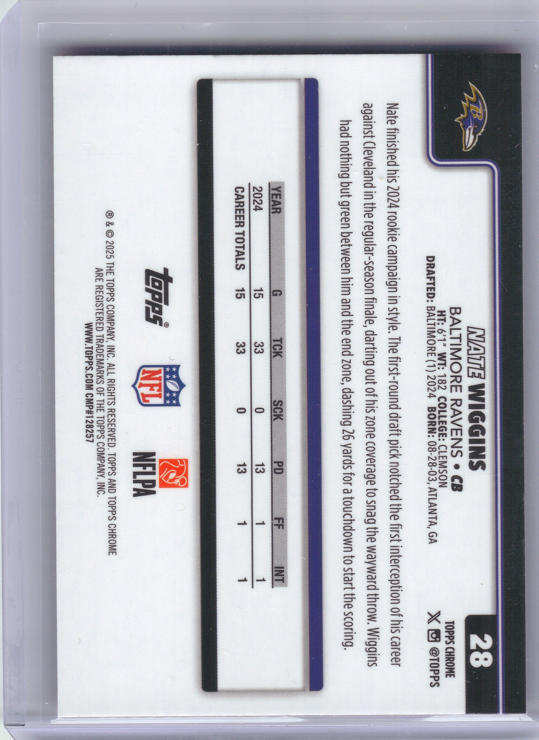 2025 Topps Chrome #28 Nate Wiggins Hot Pink X-Fractor Baltimore Ravens