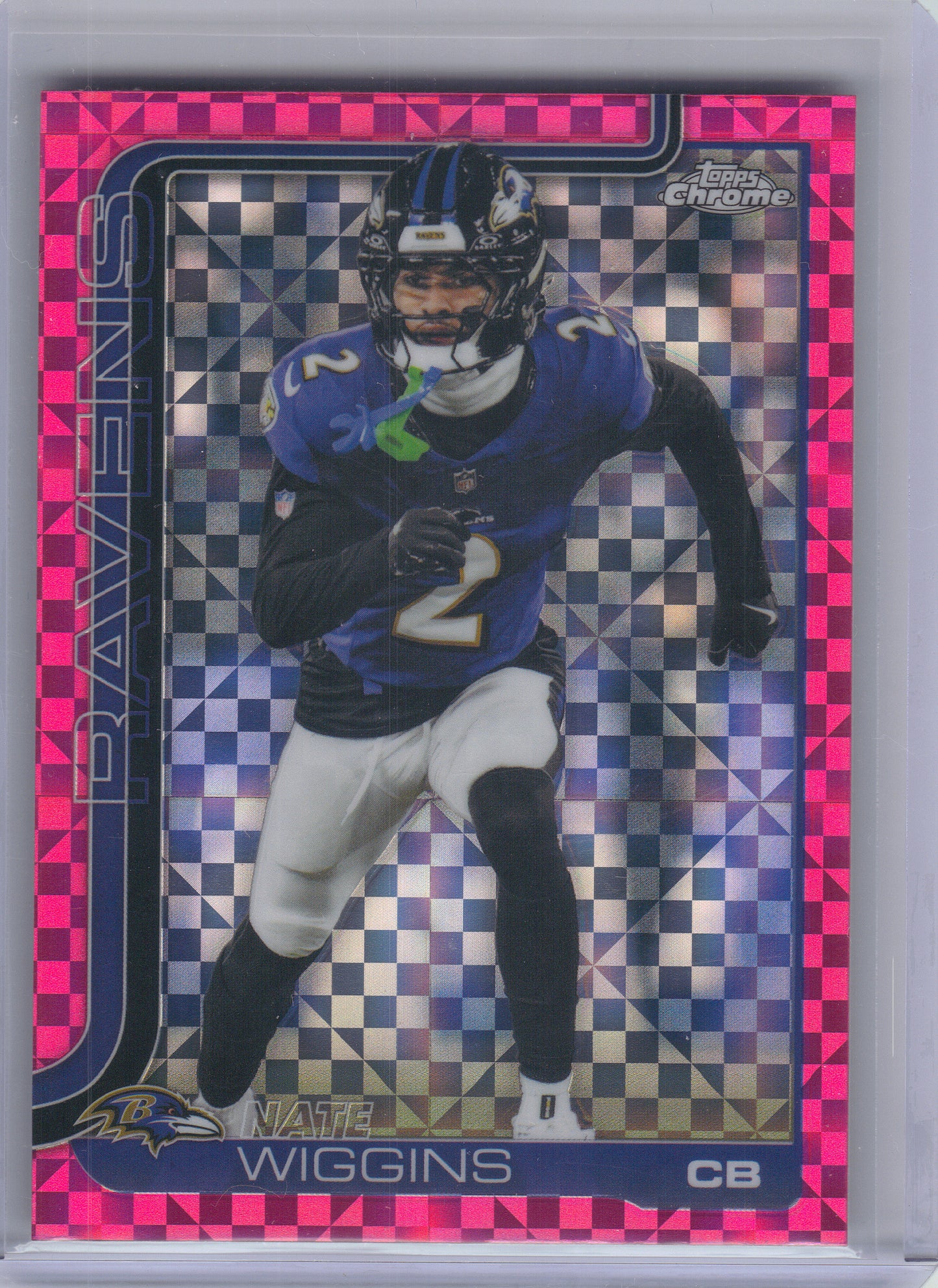 2025 Topps Chrome #28 Nate Wiggins Hot Pink X-Fractor Baltimore Ravens