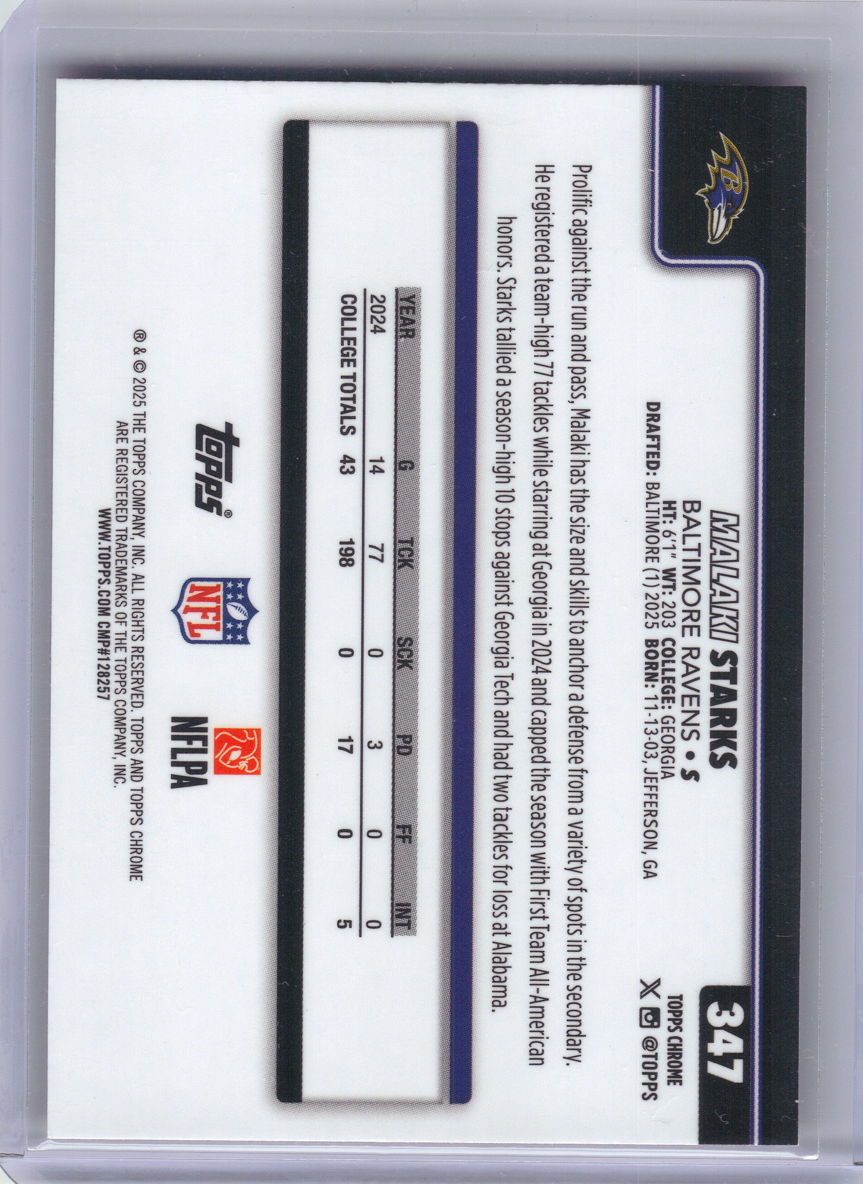 2025 Topps Chrome #347 Malaki Starks Hot Pink X-Fractor Baltimore Ravens RC