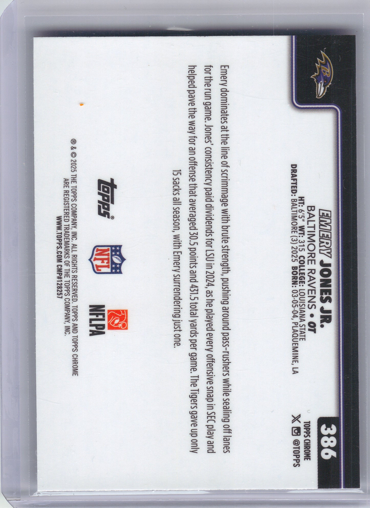2025 Topps Chrome #386 Emery Jones Jr. Pulsar Refractor Baltimore Ravens RC