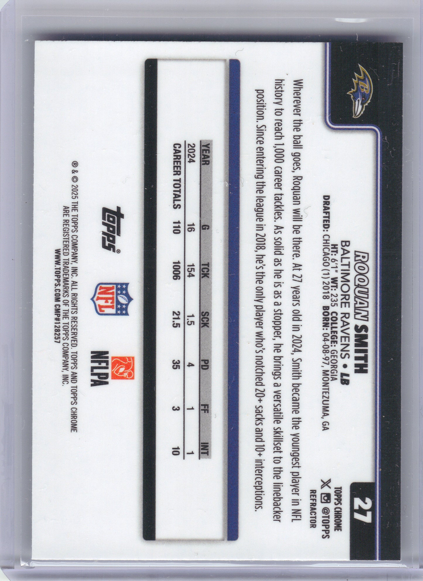 2025 Topps Chrome #27 Roquan Smith Refractor Baltimore Ravens