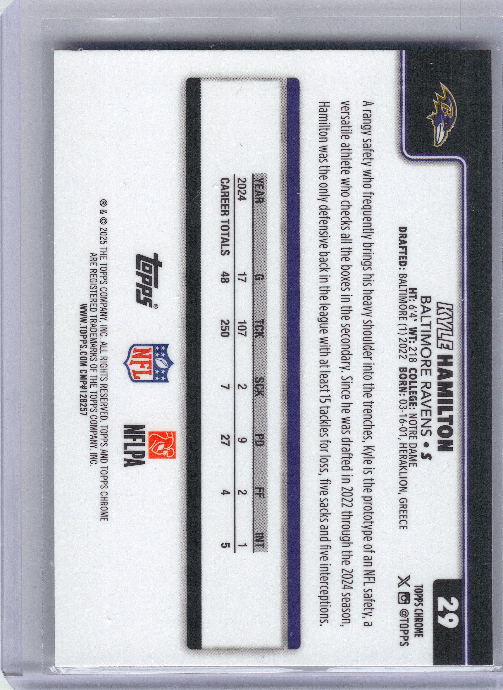 2025 Topps Chrome #29 Kyle Hamilton Ray Wave Refractor Baltimore Ravens