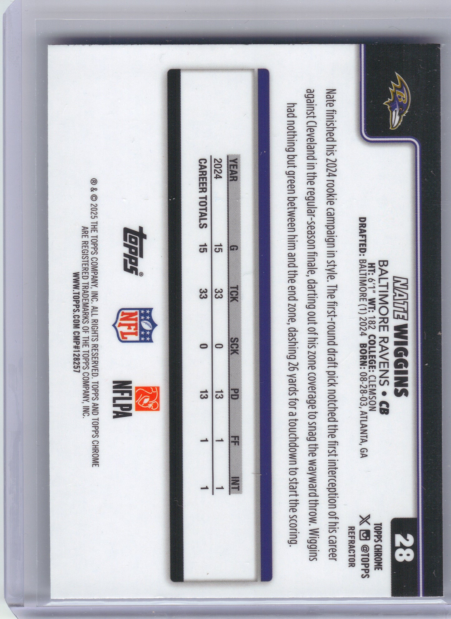 2025 Topps Chrome #28 Nate Wiggins Refractor Baltimore Ravens