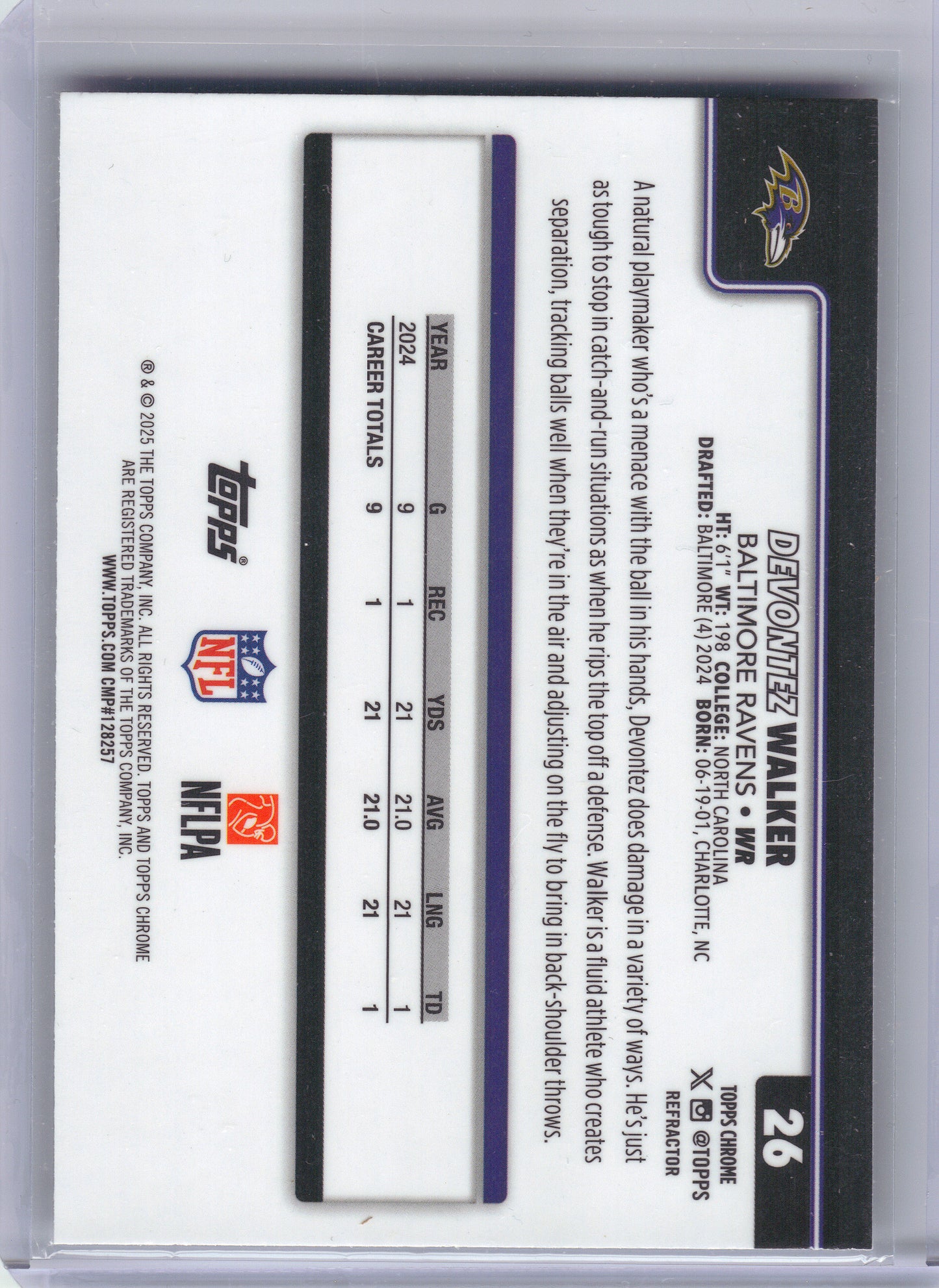 2025 Topps Chrome #26 Devontez Walker Refractor Baltimore Ravens