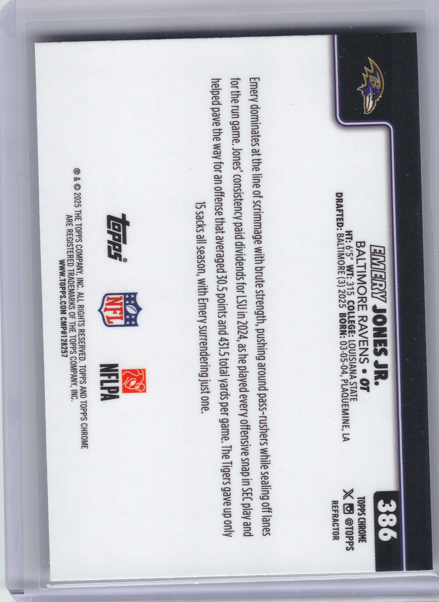 2025 Topps Chrome #386 Emery Jones Jr. Refractor Baltimore Ravens RC