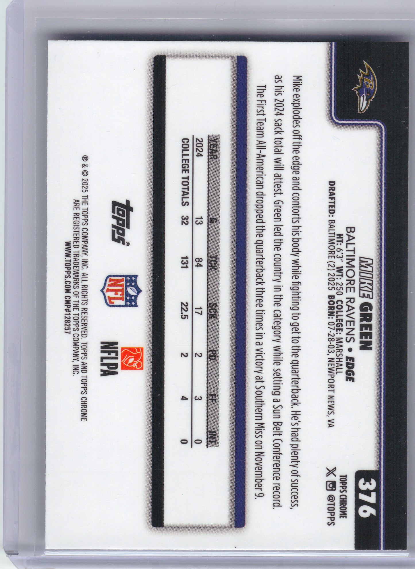 2025 Topps Chrome #376 Mike Green X-Fractor Baltimore Ravens RC