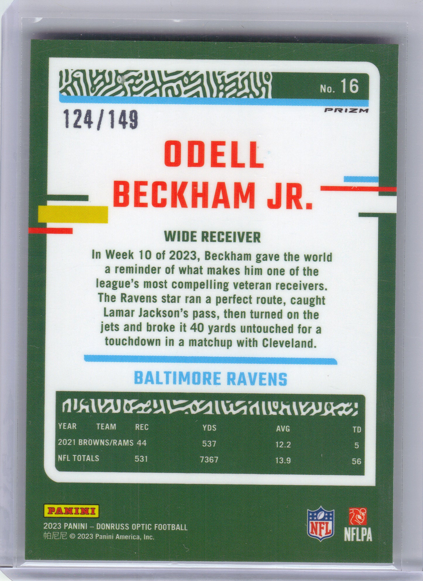2023 Donruss Optic #16 Odell Beckham Jr. Flex #/149 Baltimore Ravens SN
