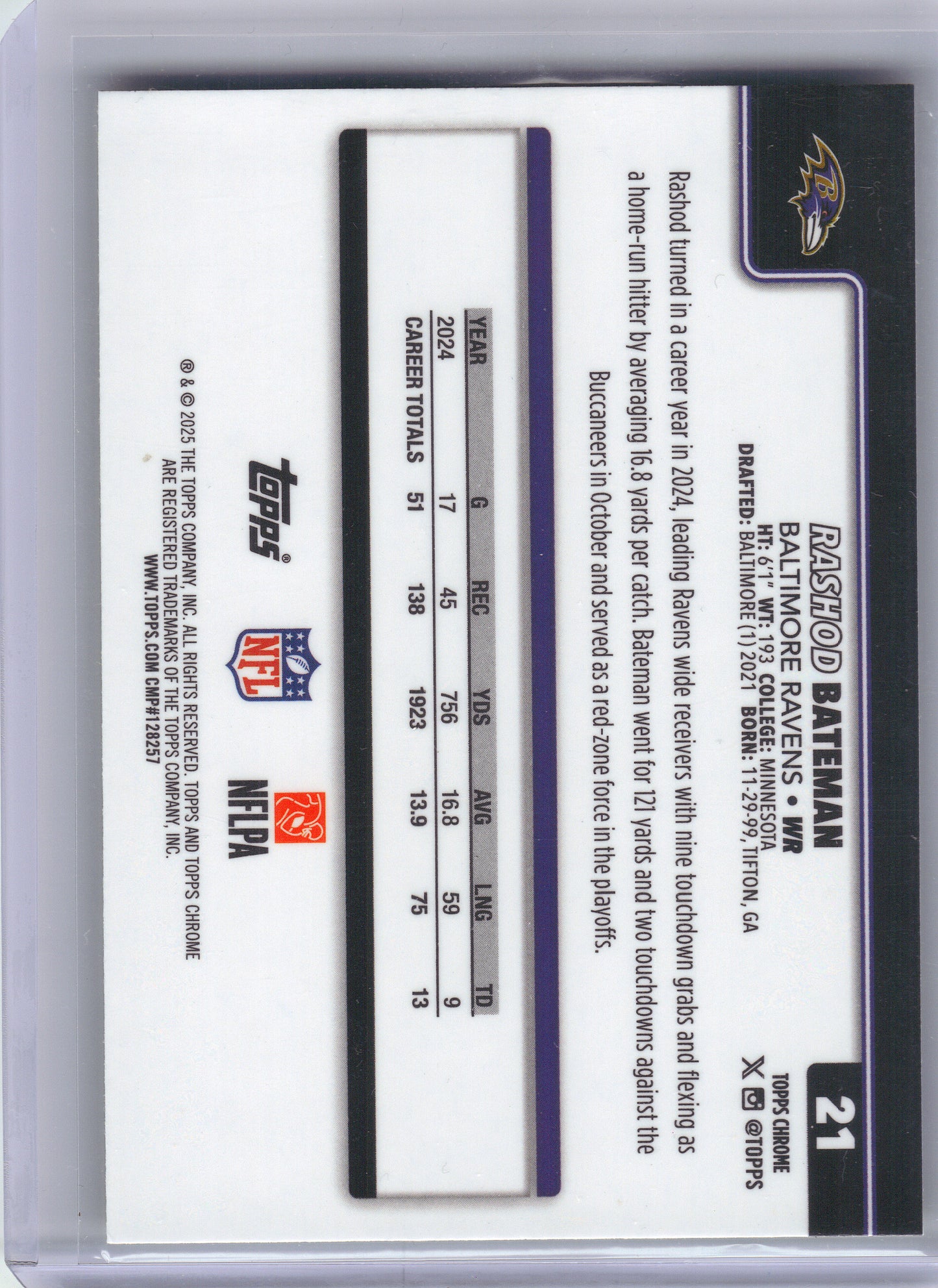 2025 Topps Chrome #21 Rashod Bateman Lime Green X-Fractor Baltimore Ravens