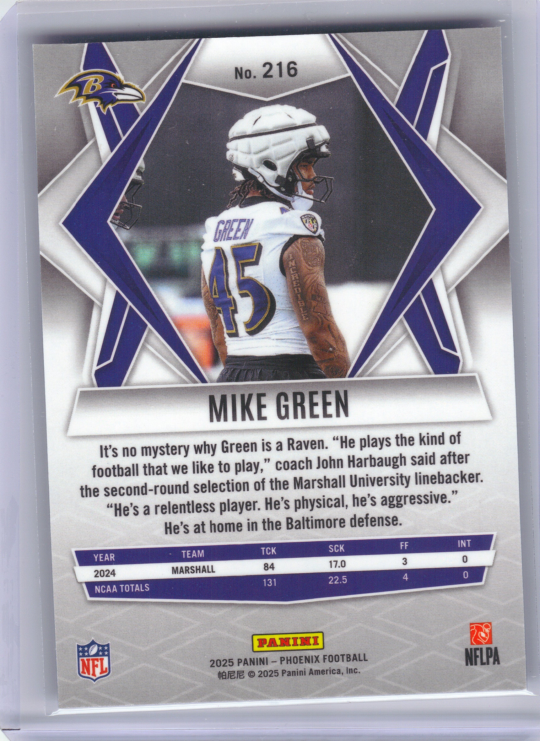 2025 Panini Phoenix #216 Mike Green x Baltimore Ravens RC