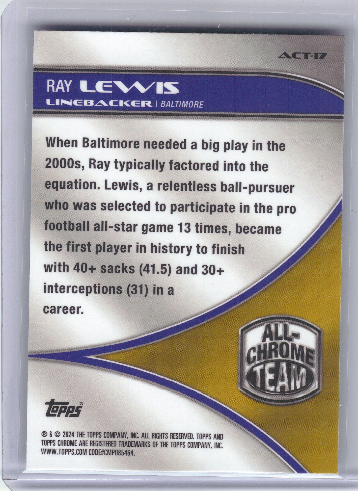 2024 Topps Chrome #ACT-17 Ray Lewis All-Chrome Team X-Fractor Baltimore Ravens