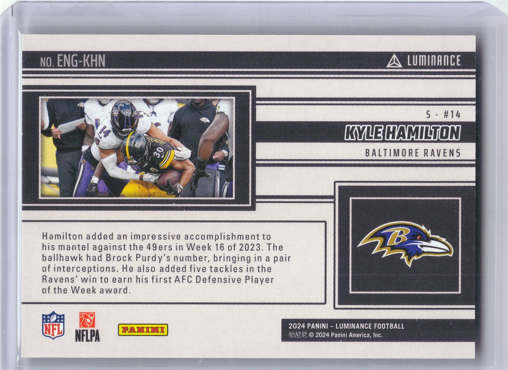 2024 Panini Luminance #ENG-KHN Kyle Hamilton Engaged Orange #/100 Baltimore Ravens SN