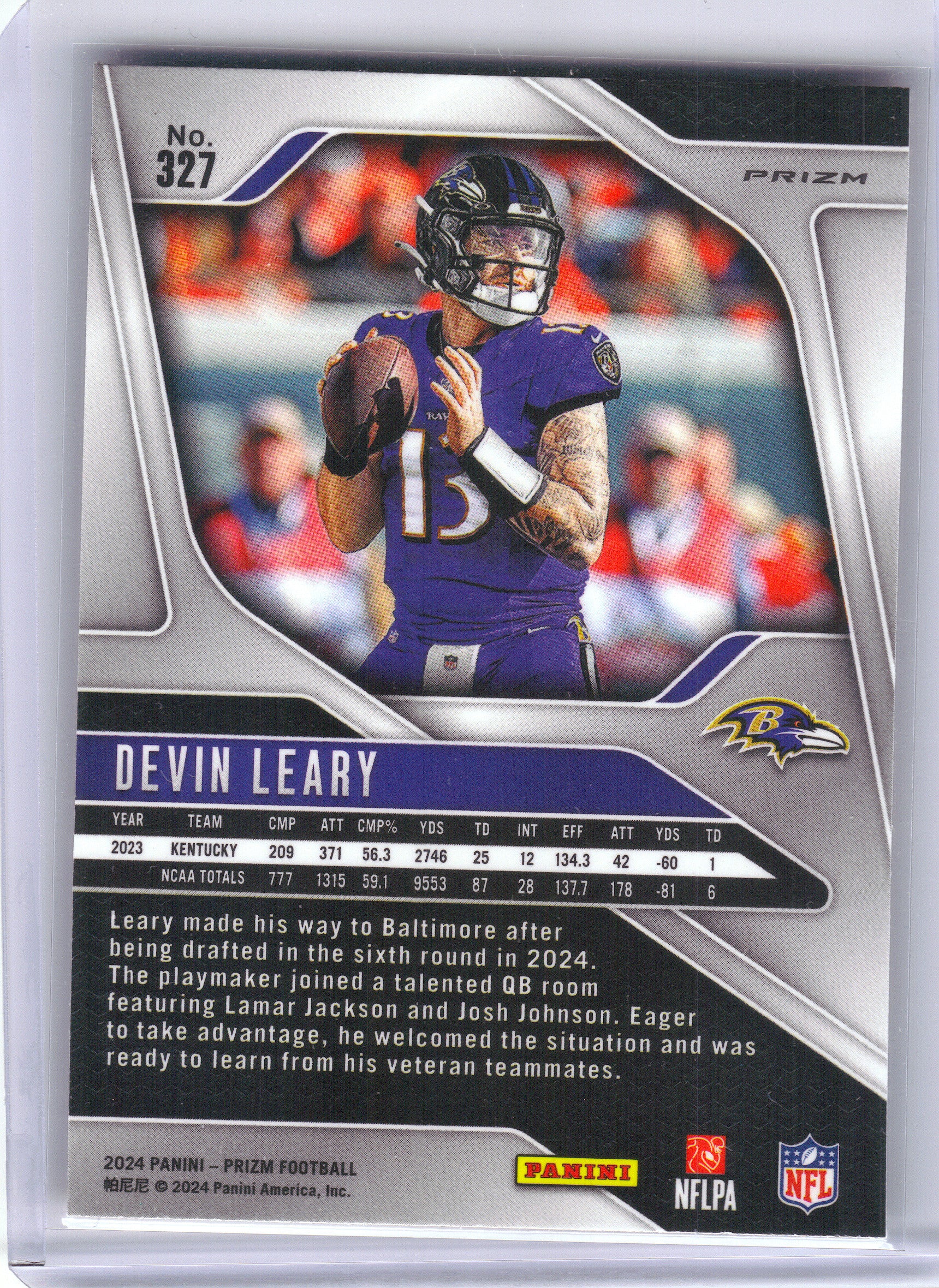 2024 Panini Prizm #327 Devin Leary Orange Ice Baltimore Ravens RC