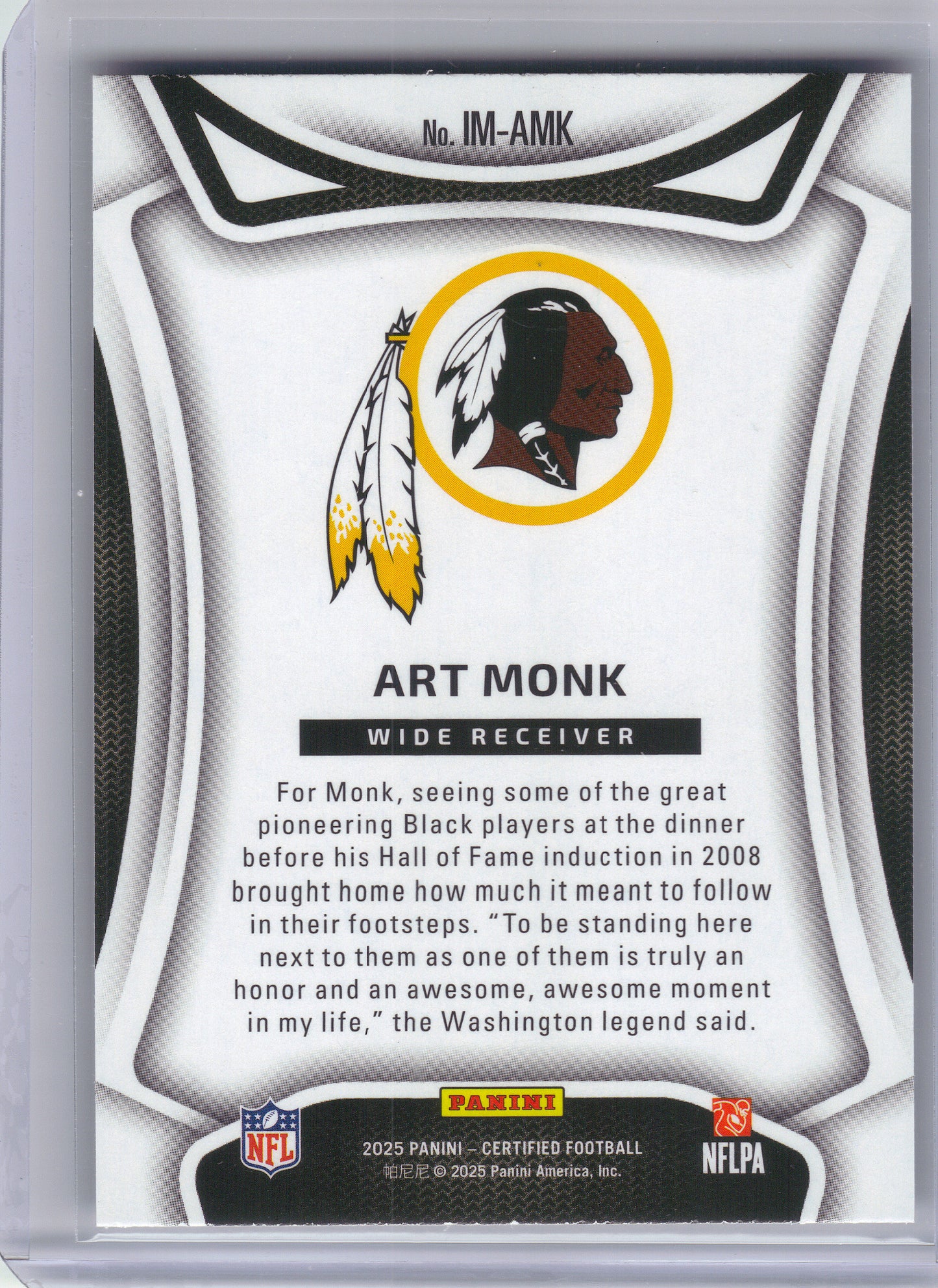 2025 Panini Certified #IM-AMK Art Monk Immortals Washington Redskins