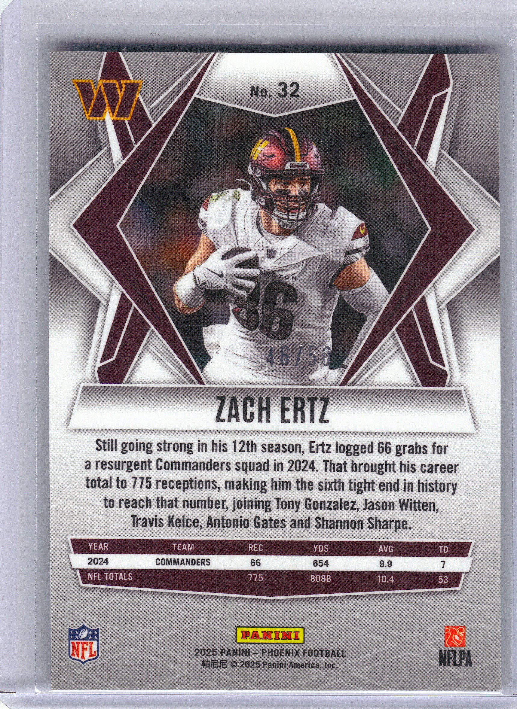 2025 Panini Phoenix #32 Zach Ertz Teal Mojo Prizm #/50 Washington Commanders SN