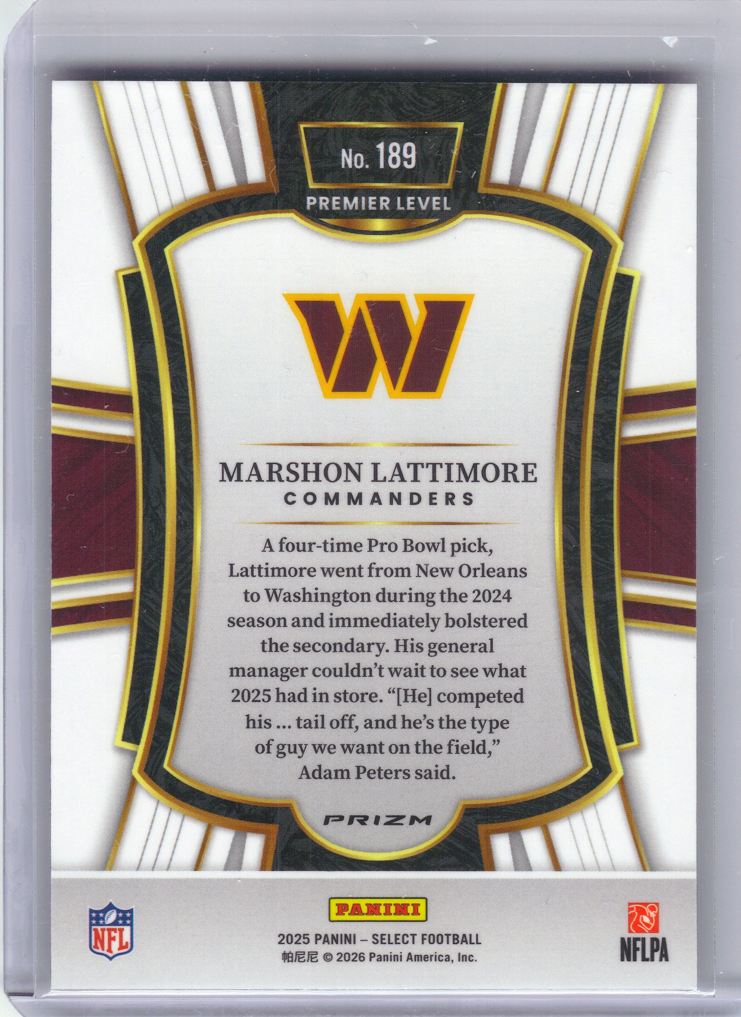2025 Panini Select #189 Marshon Lattimore Pink Prizm Shock Washington Commanders