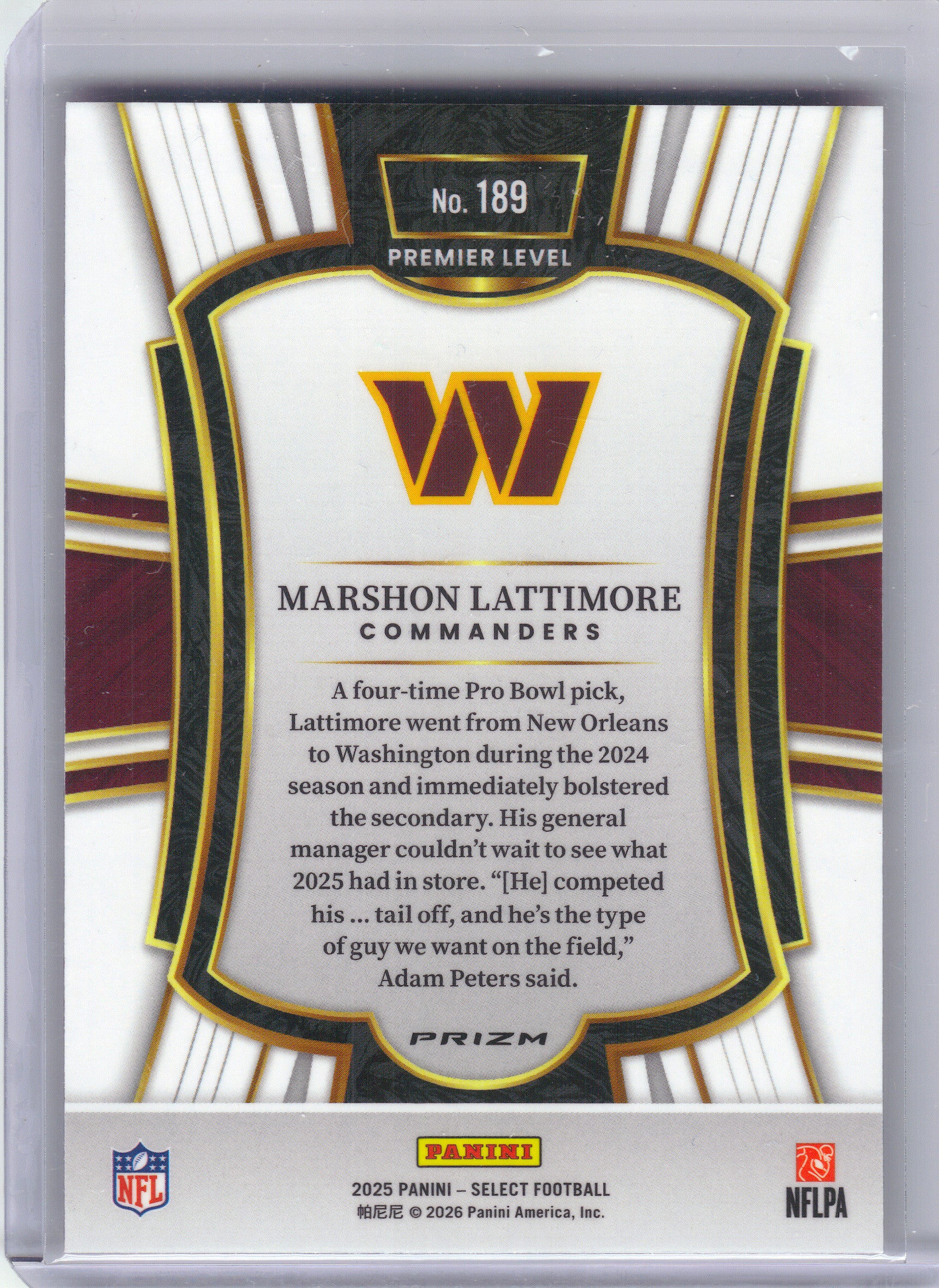 2025 Panini Select #189 Marshon Lattimore Pink Prizm Shock Washington Commanders