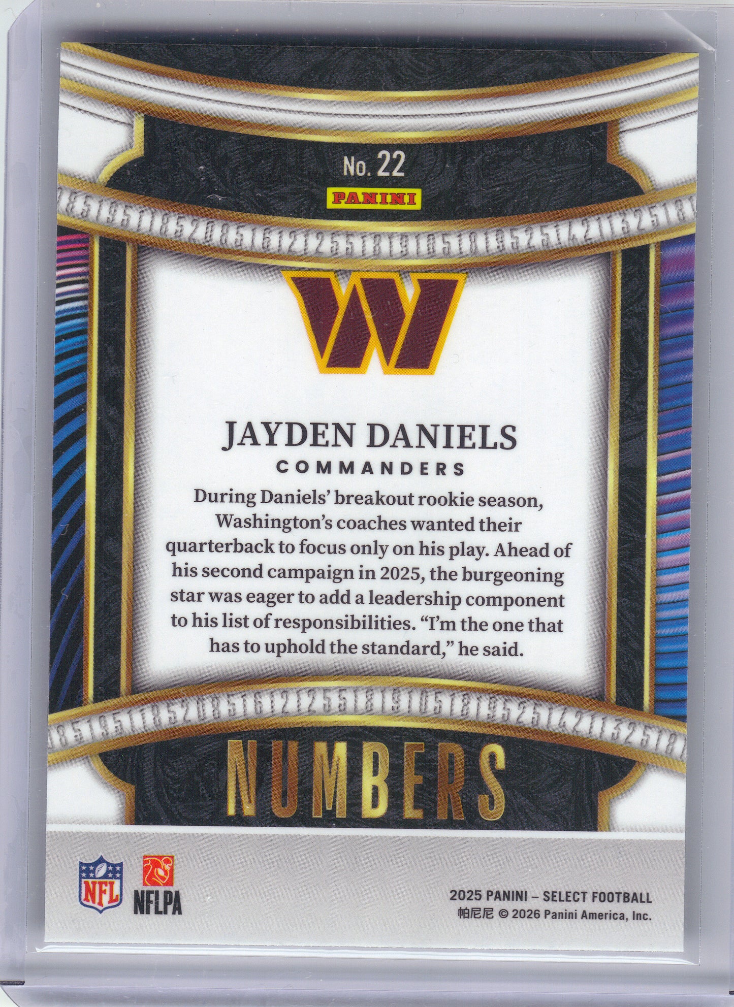 2025 Panini Select #22 Jayden Daniels Select Numbers x Washington Commanders