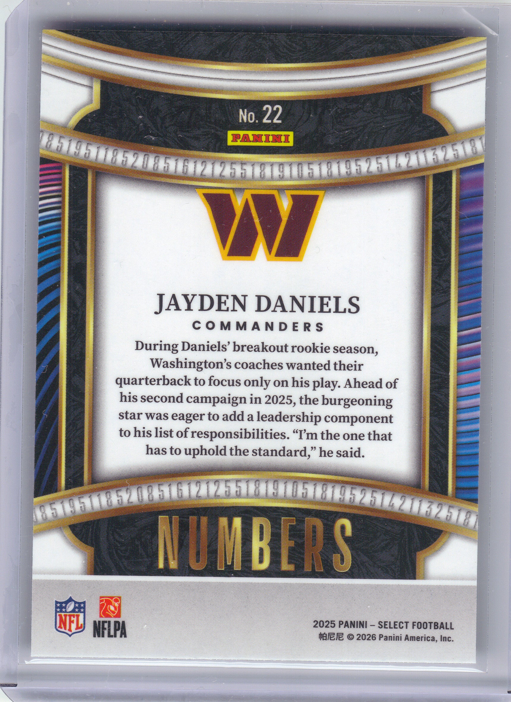 2025 Panini Select #22 Jayden Daniels Select Numbers x Washington Commanders