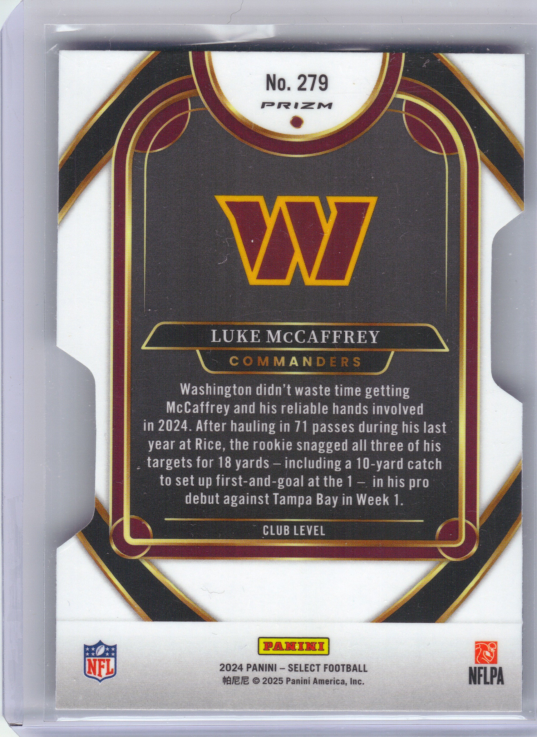2024 Panini Select #279 Luke McCaffrey Silver Prizm Die Cut Washington Commanders RC