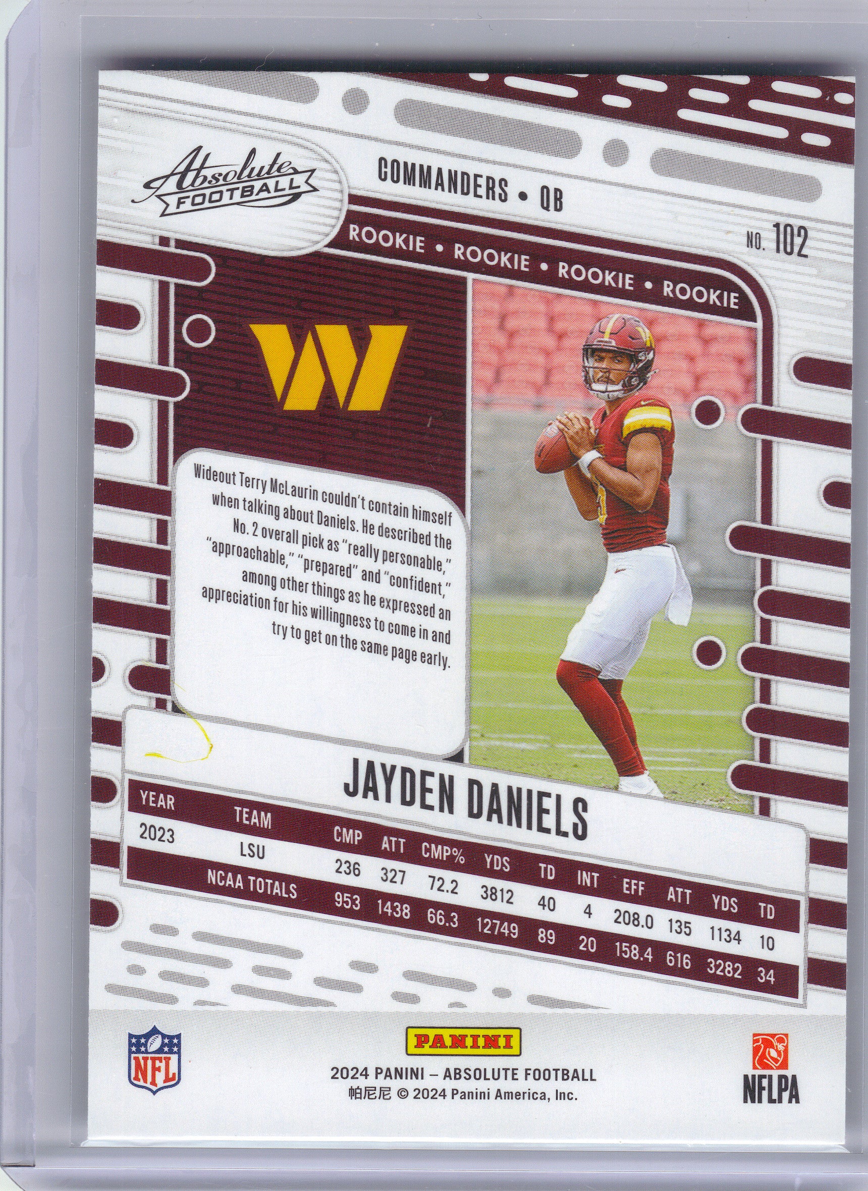 2024 Panini Absolute #102 Jayden Daniels Blue Washington Commanders