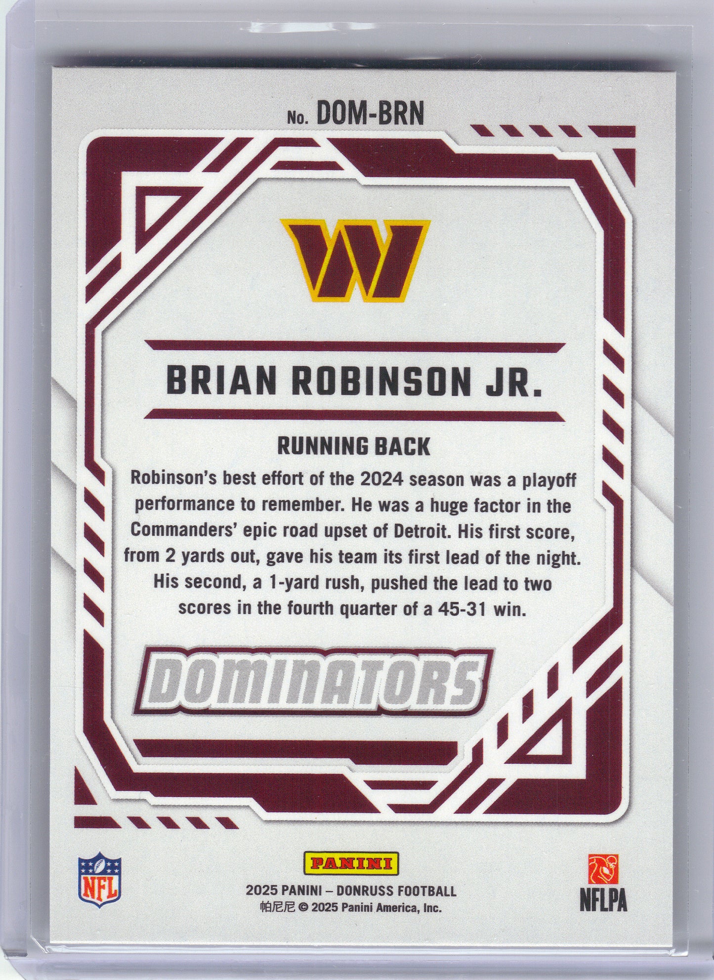 2025 Donruss #DOM-BRN Brian Robinson Jr. Dominators Washington Commanders