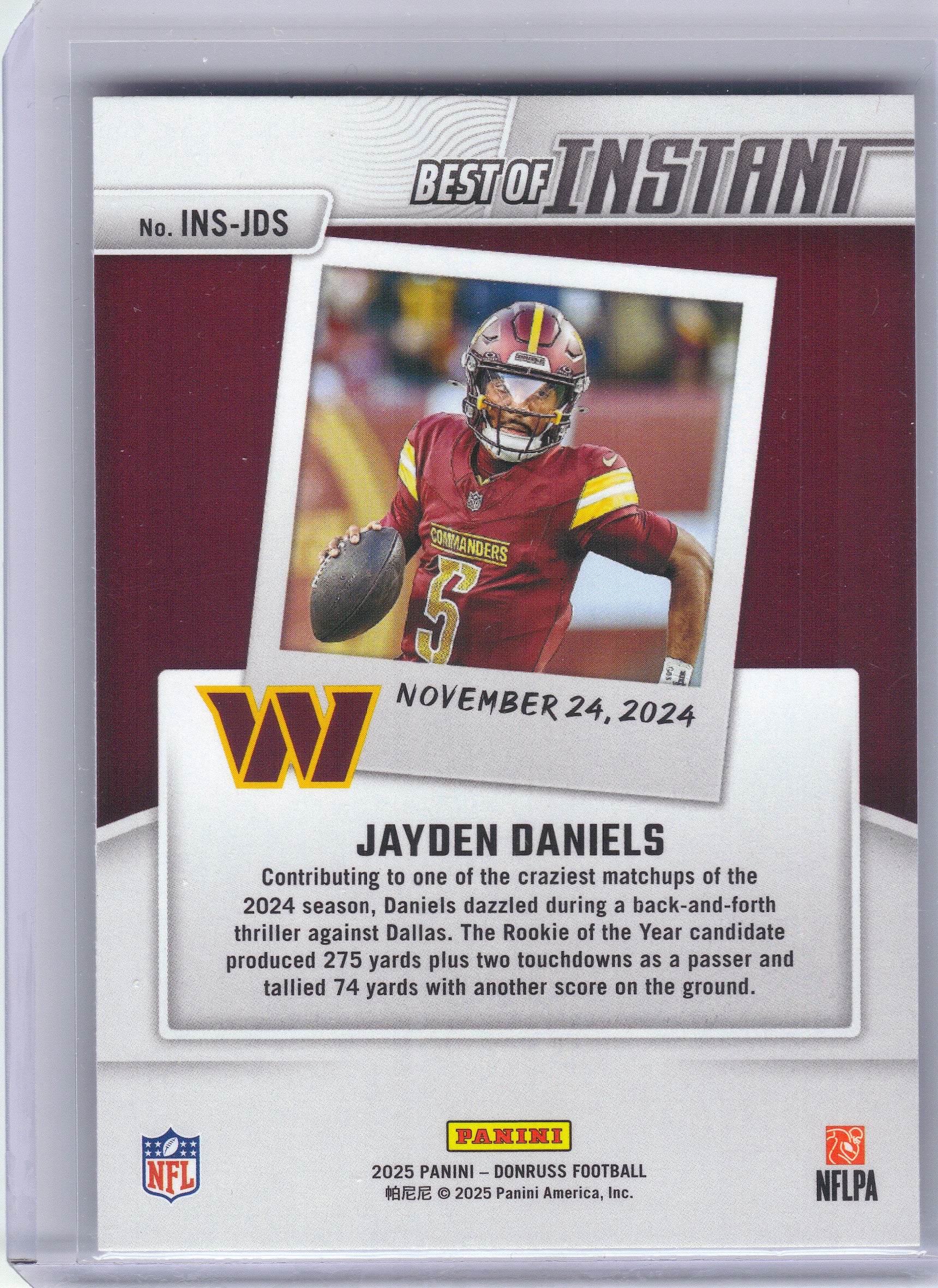 2025 Donruss #INS-JDS Jayden Daniels Best of Instant Washington Commanders