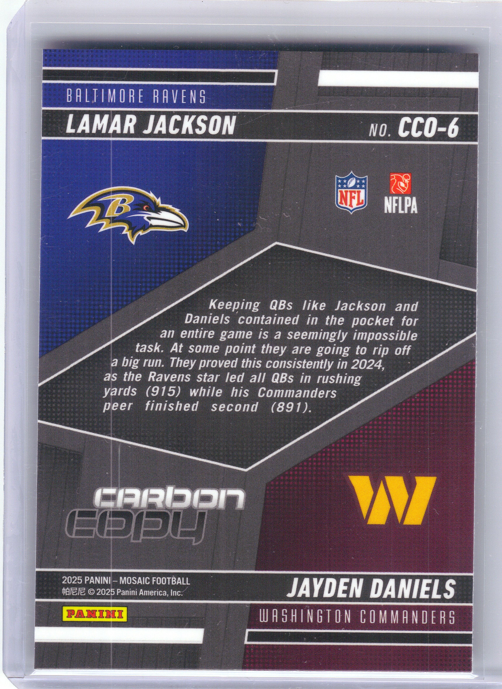 2025 Panini Mosaic #CCO-6 Jayden Daniels / Lamar Jackson Carbon Copy Washington Commanders