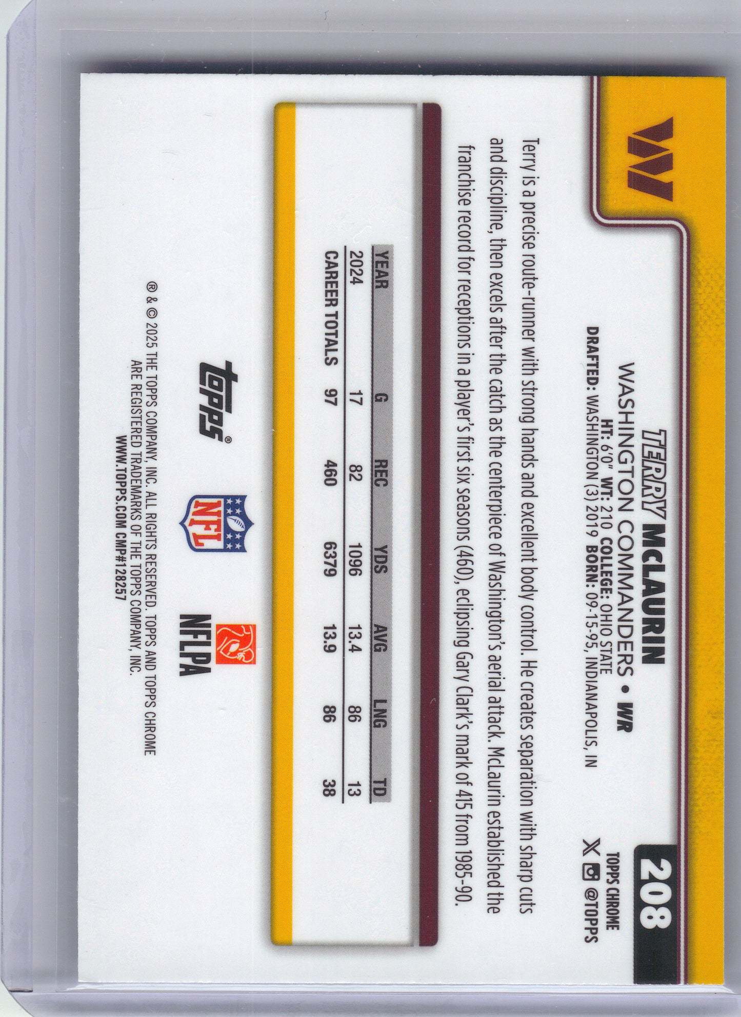 2025 Topps Chrome #208 Terry McLaurin Purple Lava #/75 Washington Commanders SN