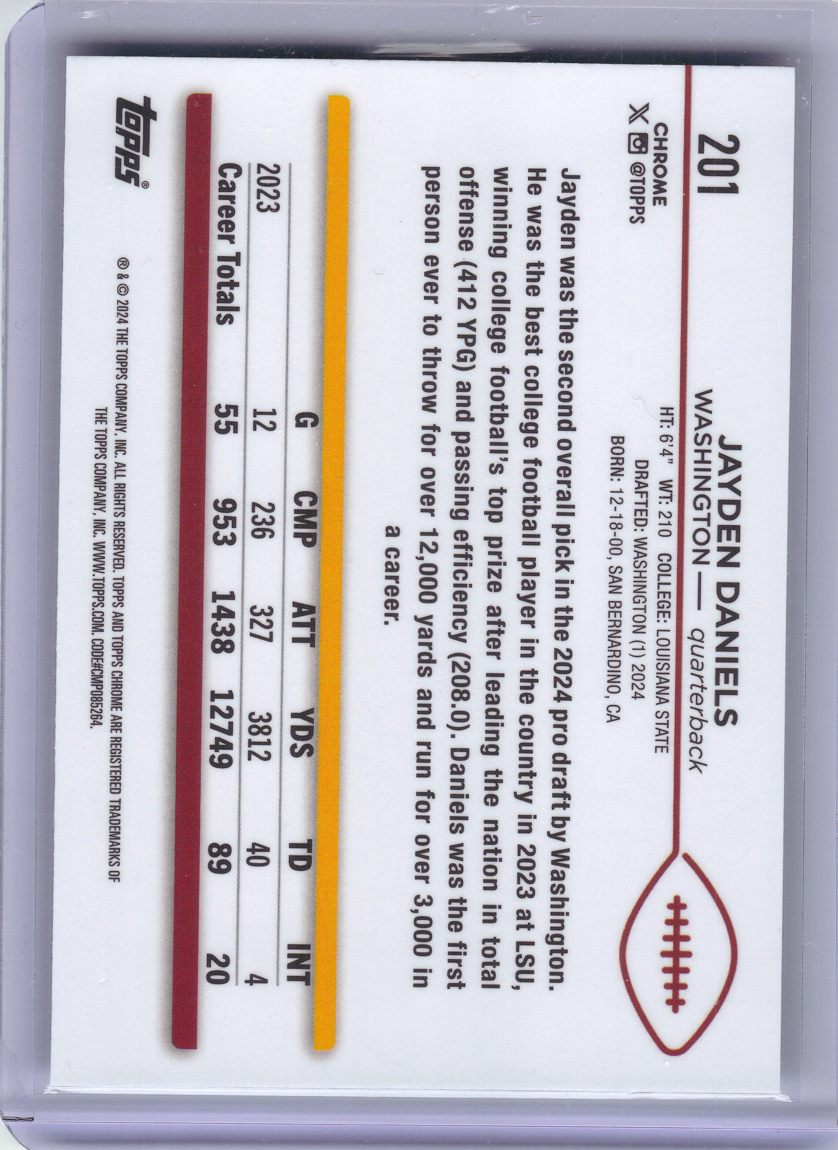 2024 Topps Chrome #201 Jayden Daniels Washington Commanders RC