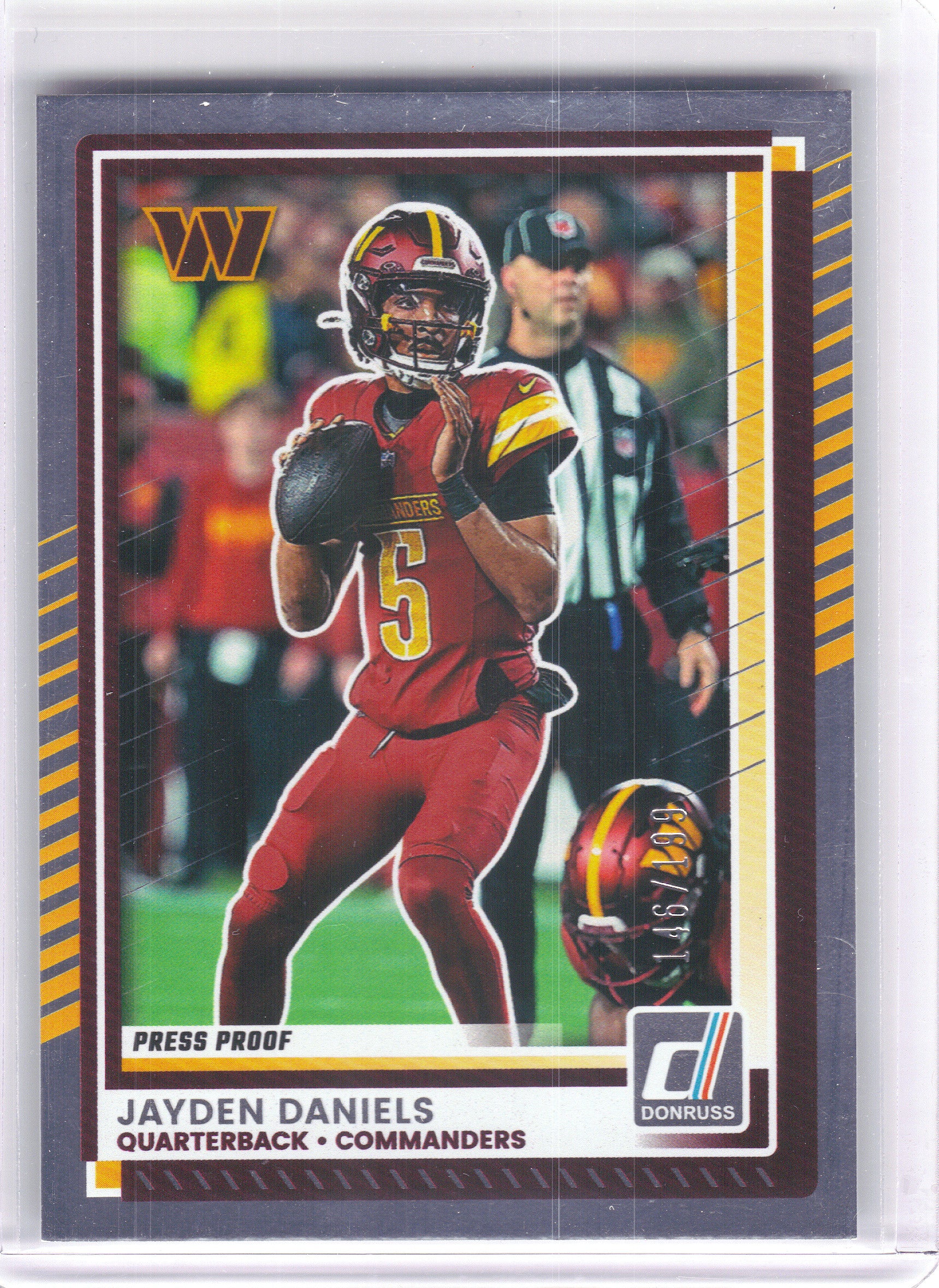 2025 Donruss #28 Jayden Daniels Press Proofs Silver #/199 Washington Commanders SN