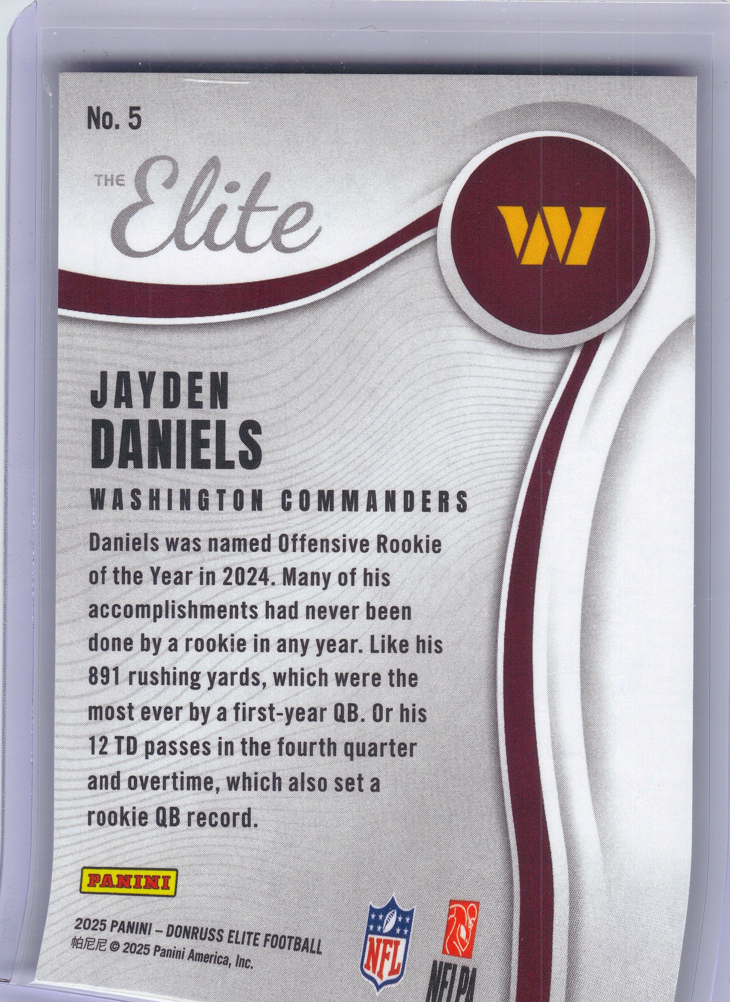 2025 Donruss Elite #5 Jayden Daniels The Elite Blue #/75 Washington Commanders SN