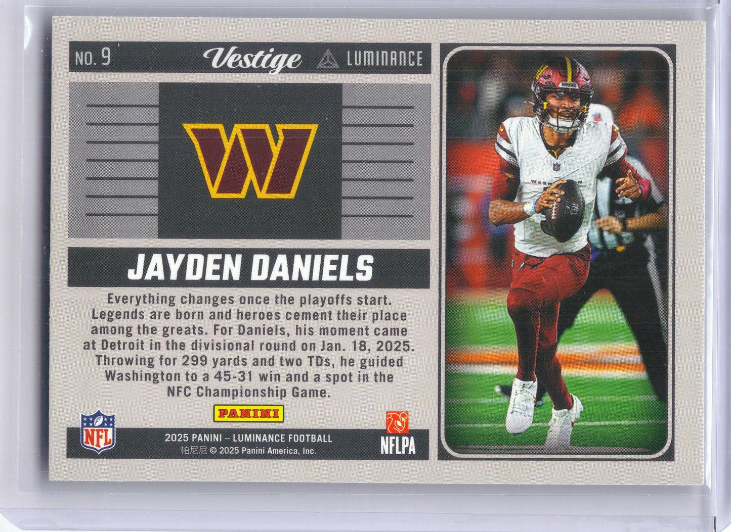 2025 Panini Luminance #9 Jayden Daniels Vestige Washington Commanders