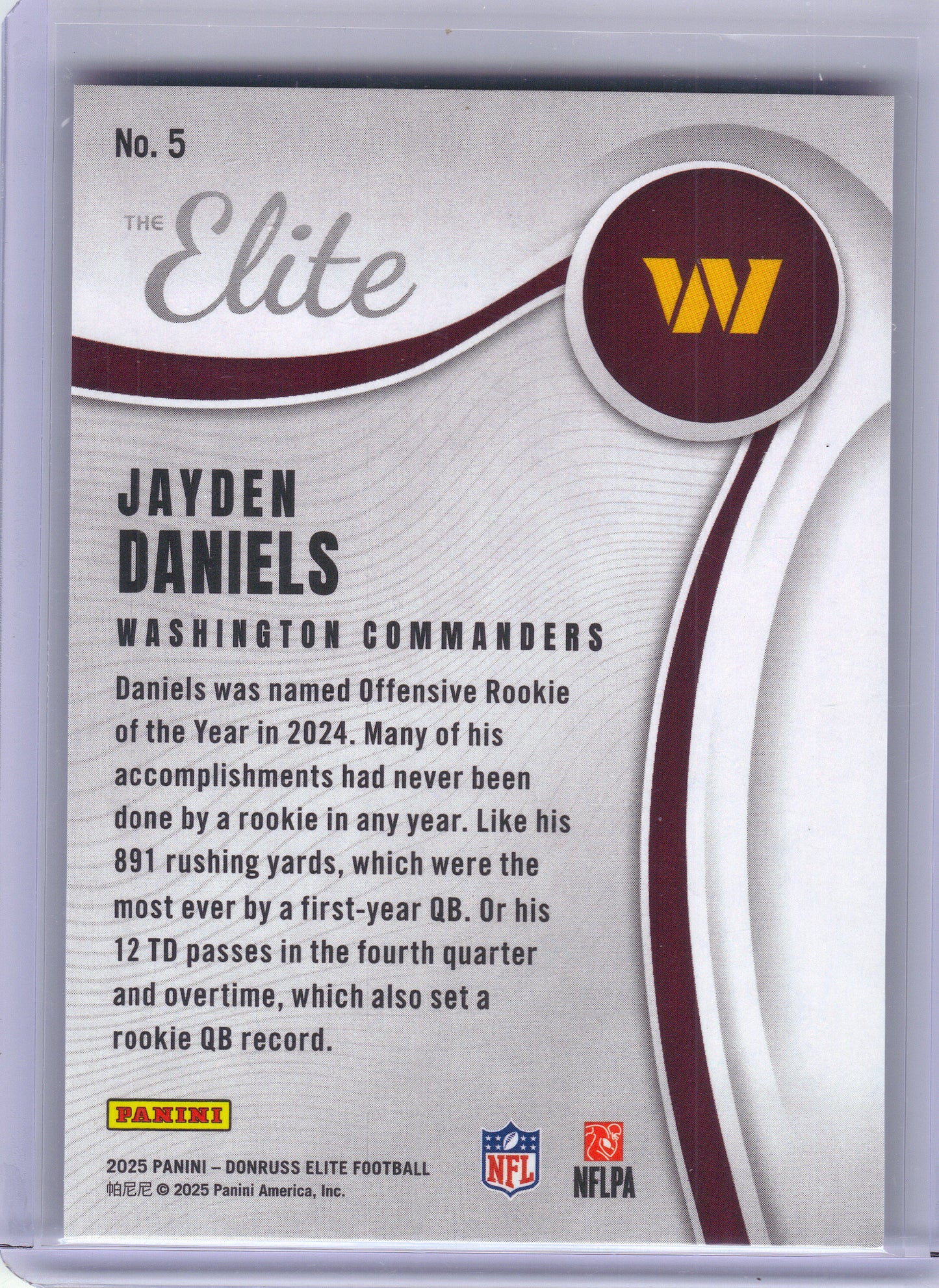 2025 Donruss Elite #5 Jayden Daniels The Elite #/799 Washington Commanders SN