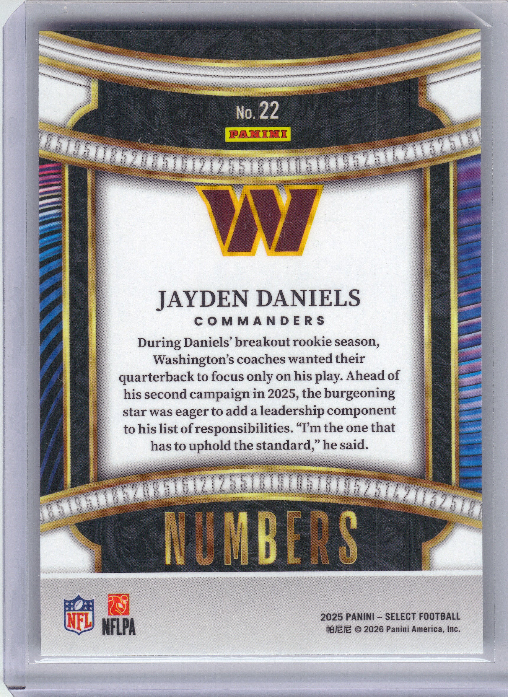 2025 Panini Select #22 Jayden Daniels Select Numbers Washington Commanders