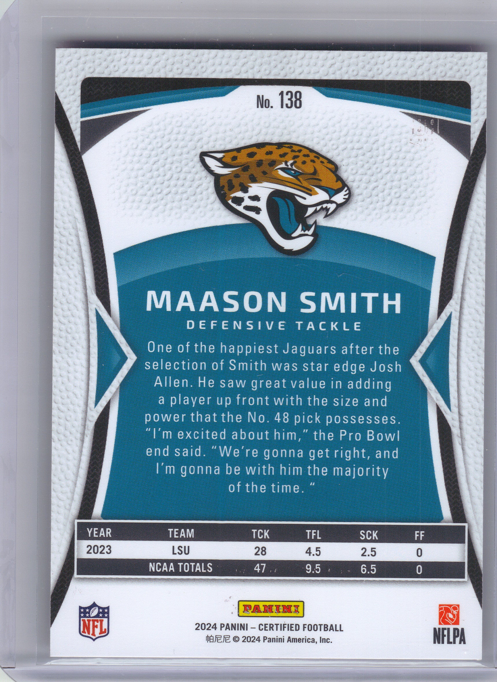 2024 Panini Certified #138 Maason Smith Mirror Pink #/225 Jacksonville Jaguars SN,RC