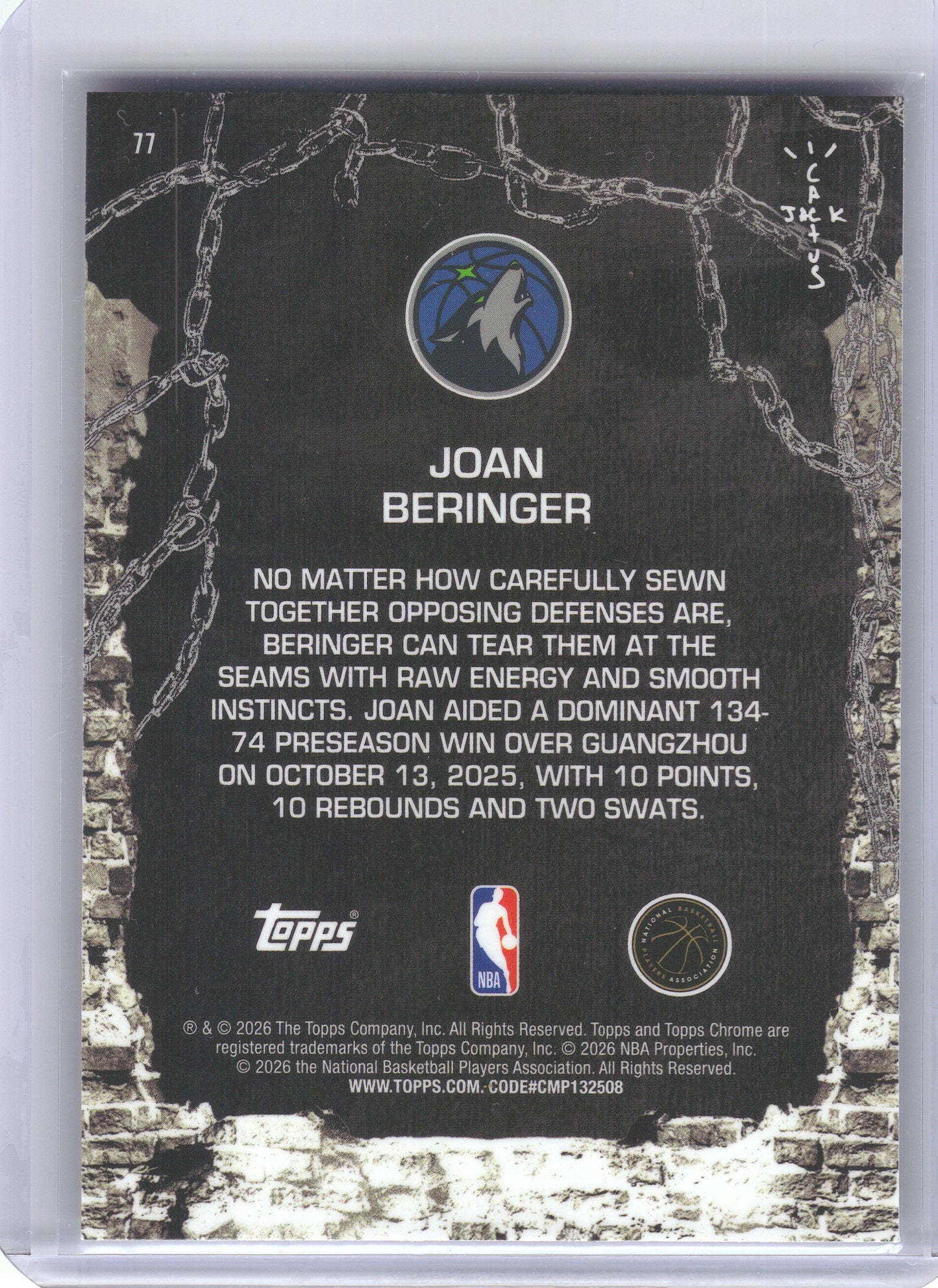 2025-26 Topps Chrome Cactus Jack #77 Joan Beringer Minnesota Timberwolves