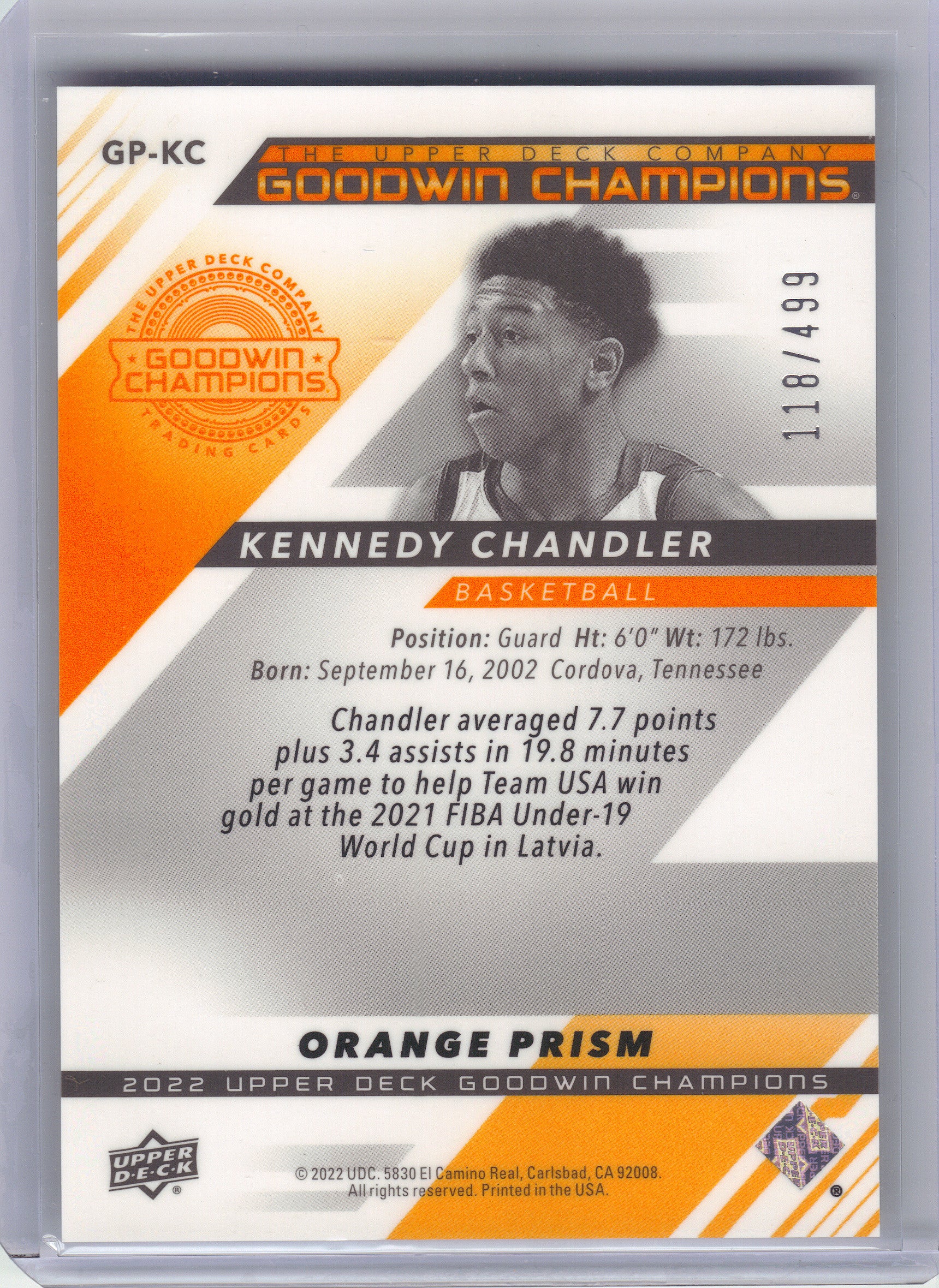 2022 Upper Deck Goodwin Champions #GP-KC Kennedy Chandler Platinum High Series Orange Prism #/499 SN