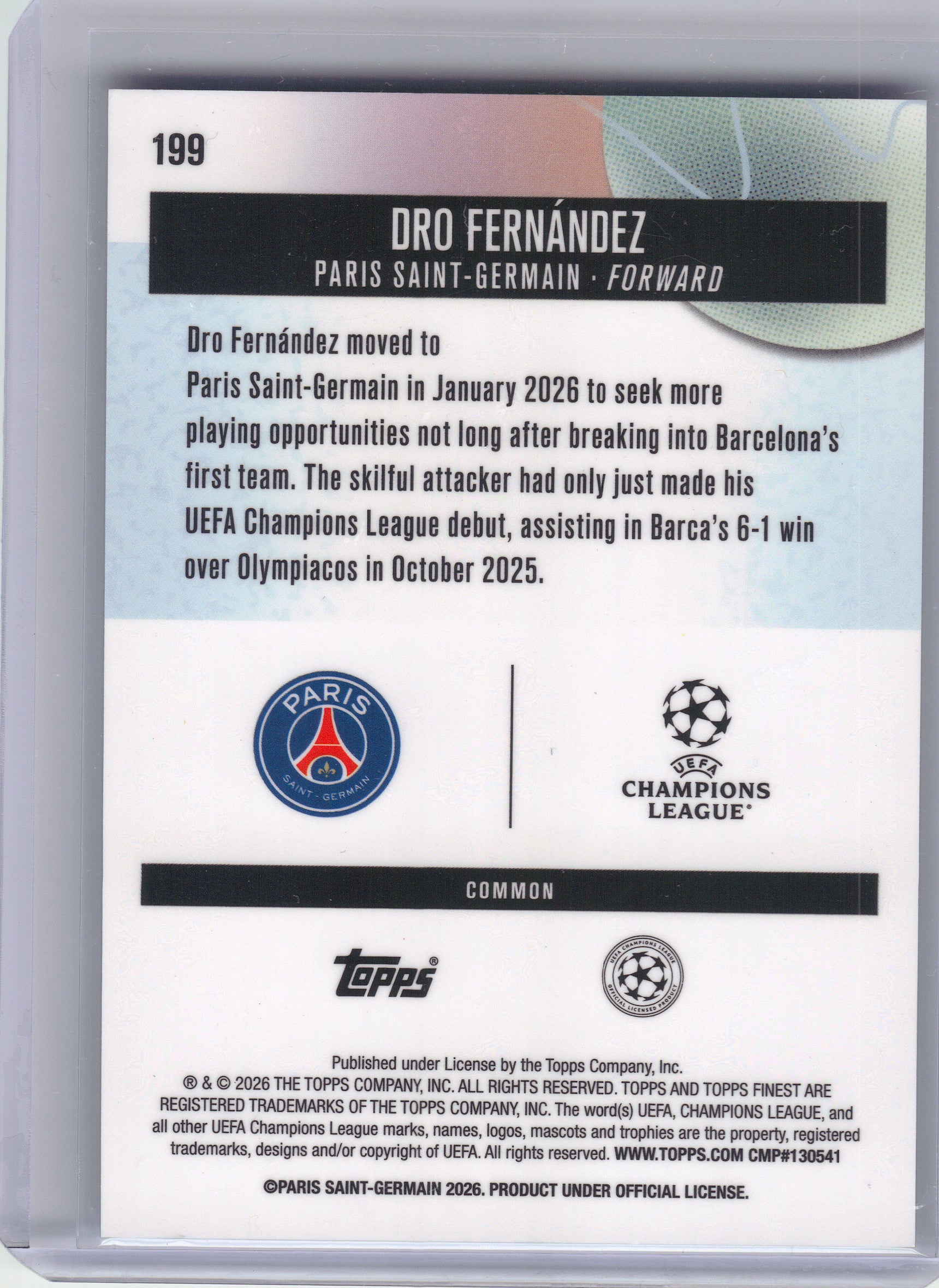 2025-26 Finest UEFA Club Competitions #199 Dro Fernández Paris Saint-Germain RC