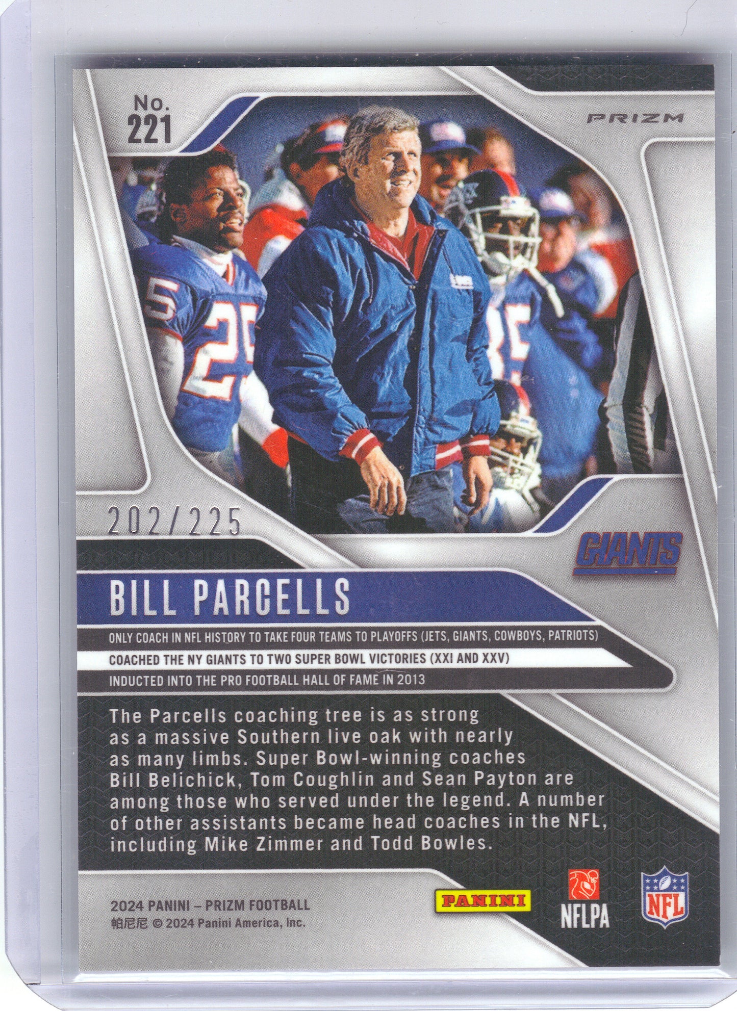 2024 Panini Prizm #221 Bill Parcells Purple Ice #/225 New York Giants SN
