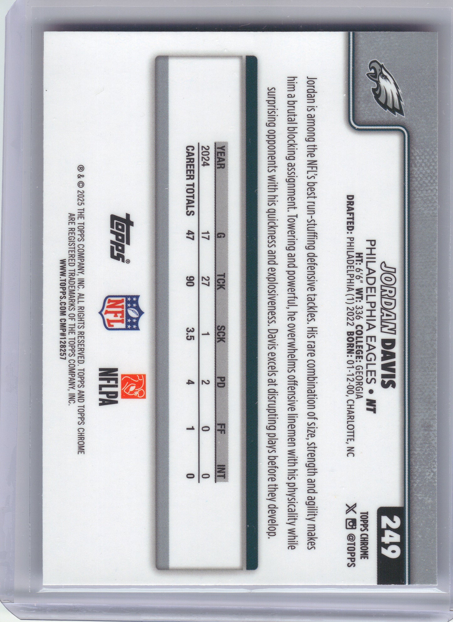 2025 Topps Chrome #249 Jordan Davis Red White and Blue Refractor Philadelphia Eagles